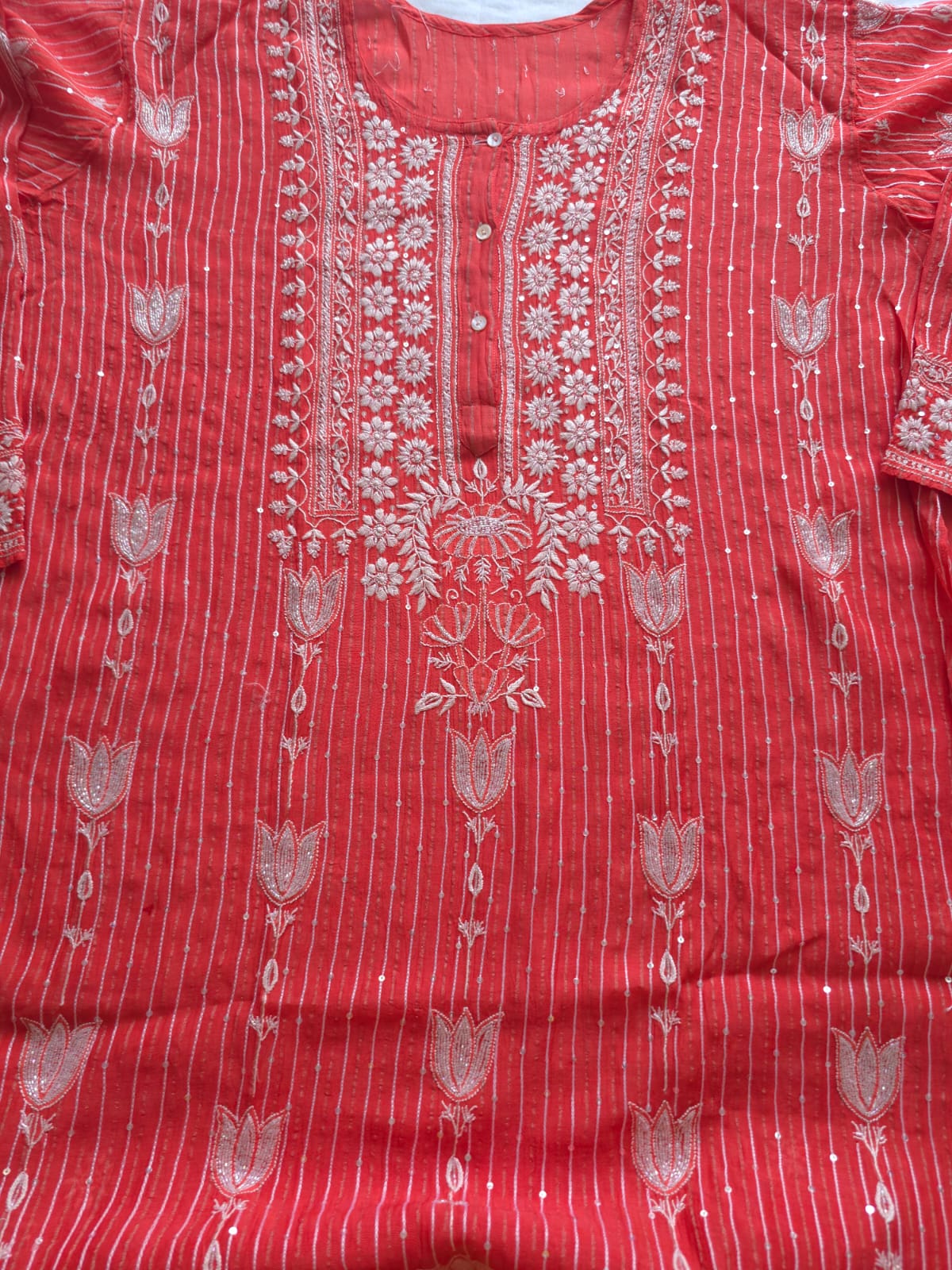 Mul Chanderi Semi Stitched Zari Stripes set with Chikan work embellishments