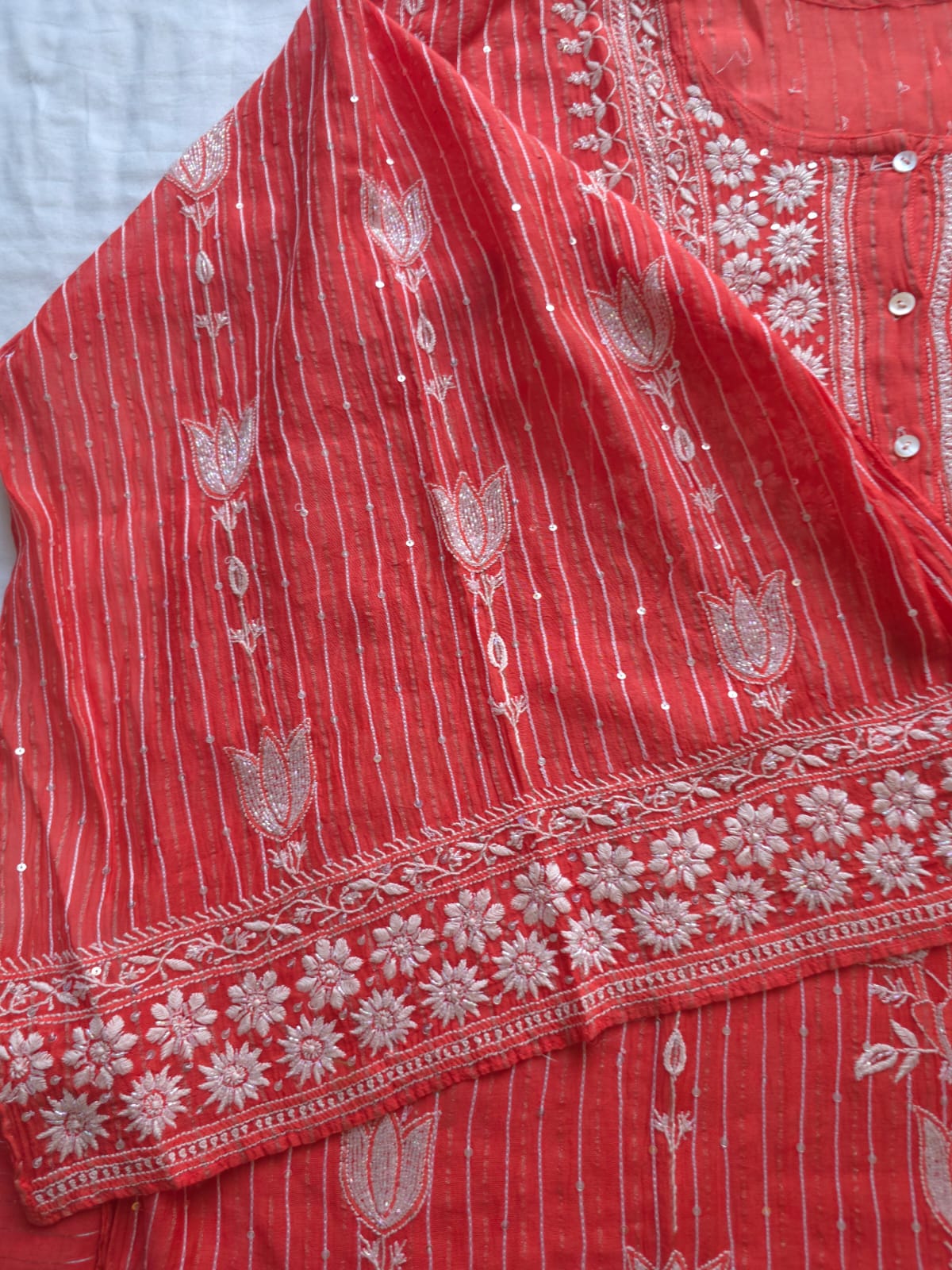 Mul Chanderi Semi Stitched Zari Stripes set with Chikan work embellishments