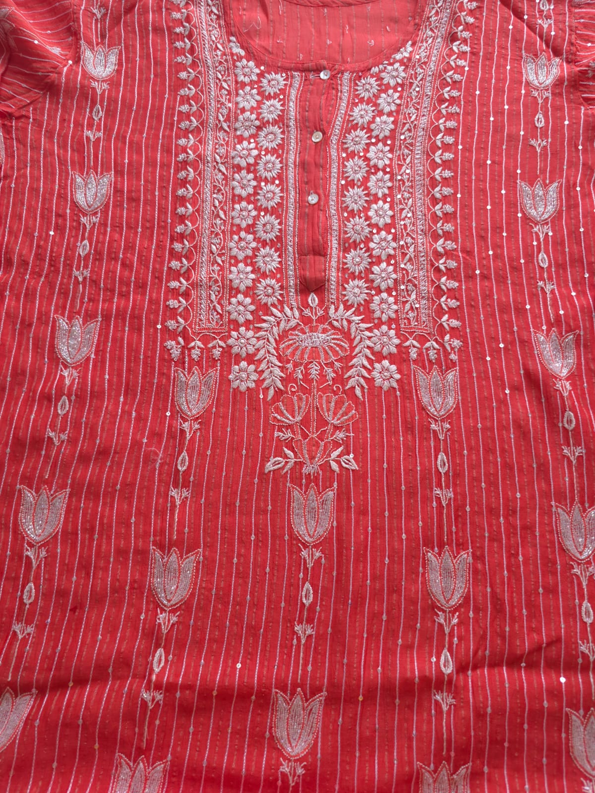 Mul Chanderi Semi Stitched Zari Stripes set with Chikan work embellishments