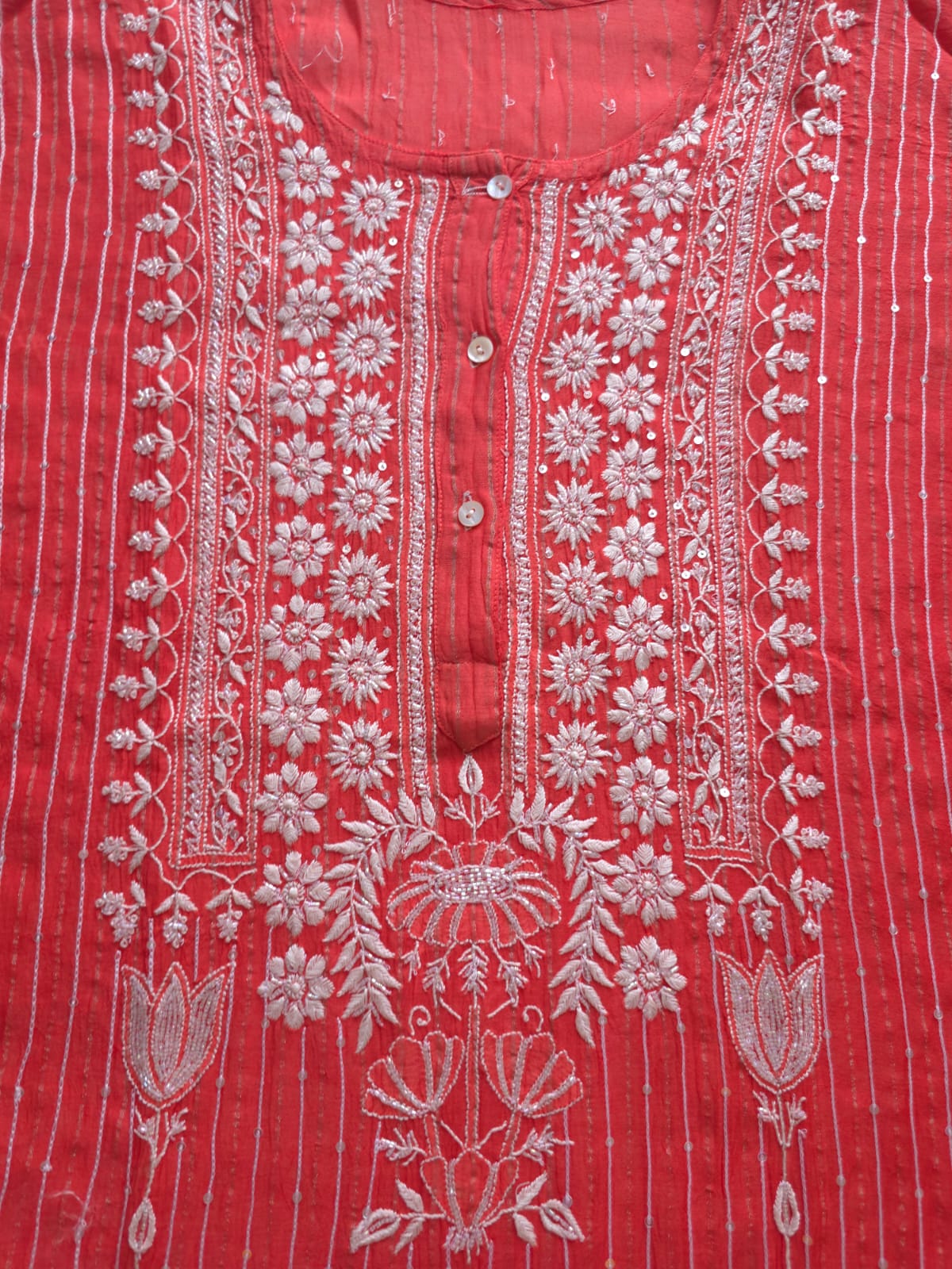 Mul Chanderi Semi Stitched Zari Stripes set with Chikan work embellishments