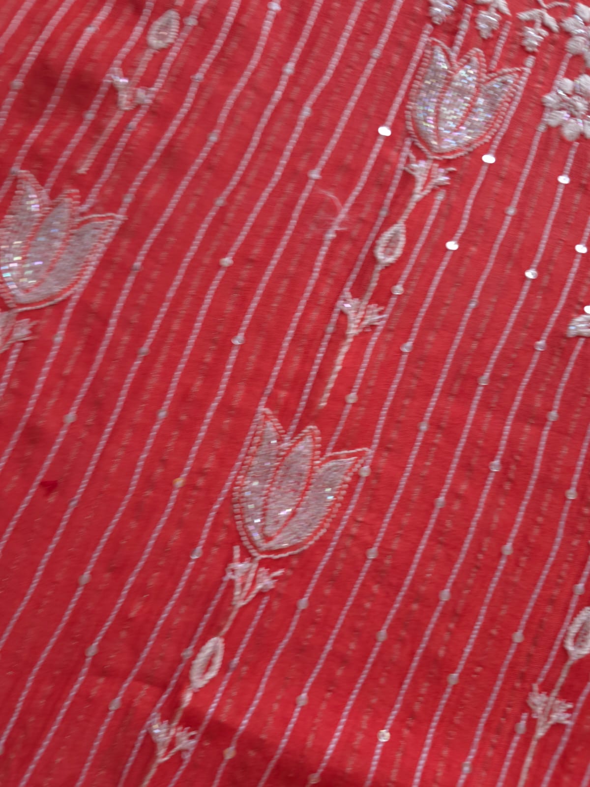 Mul Chanderi Semi Stitched Zari Stripes set with Chikan work embellishments