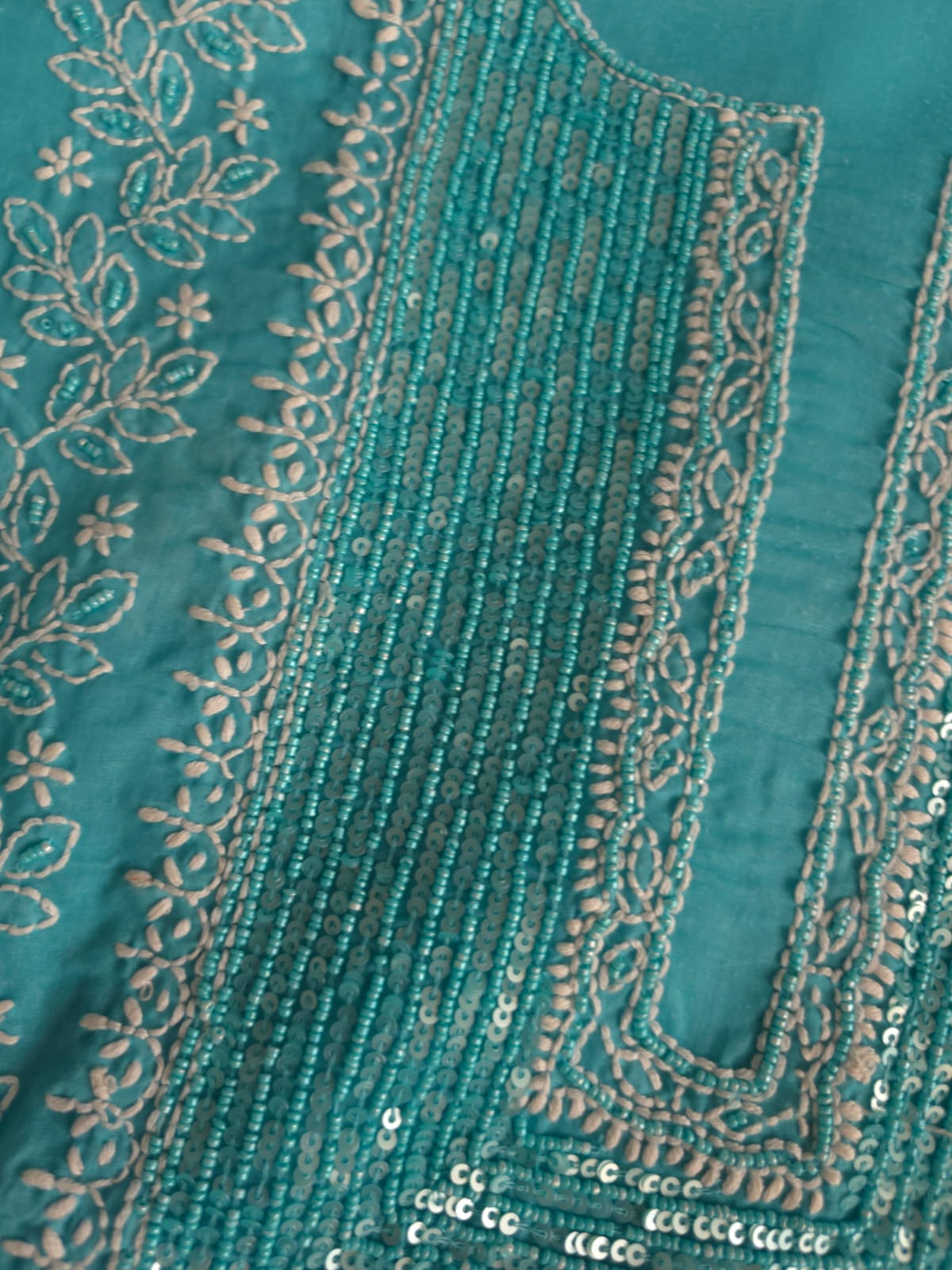 Turquoise kurta fabric with chikankari and beads sequins