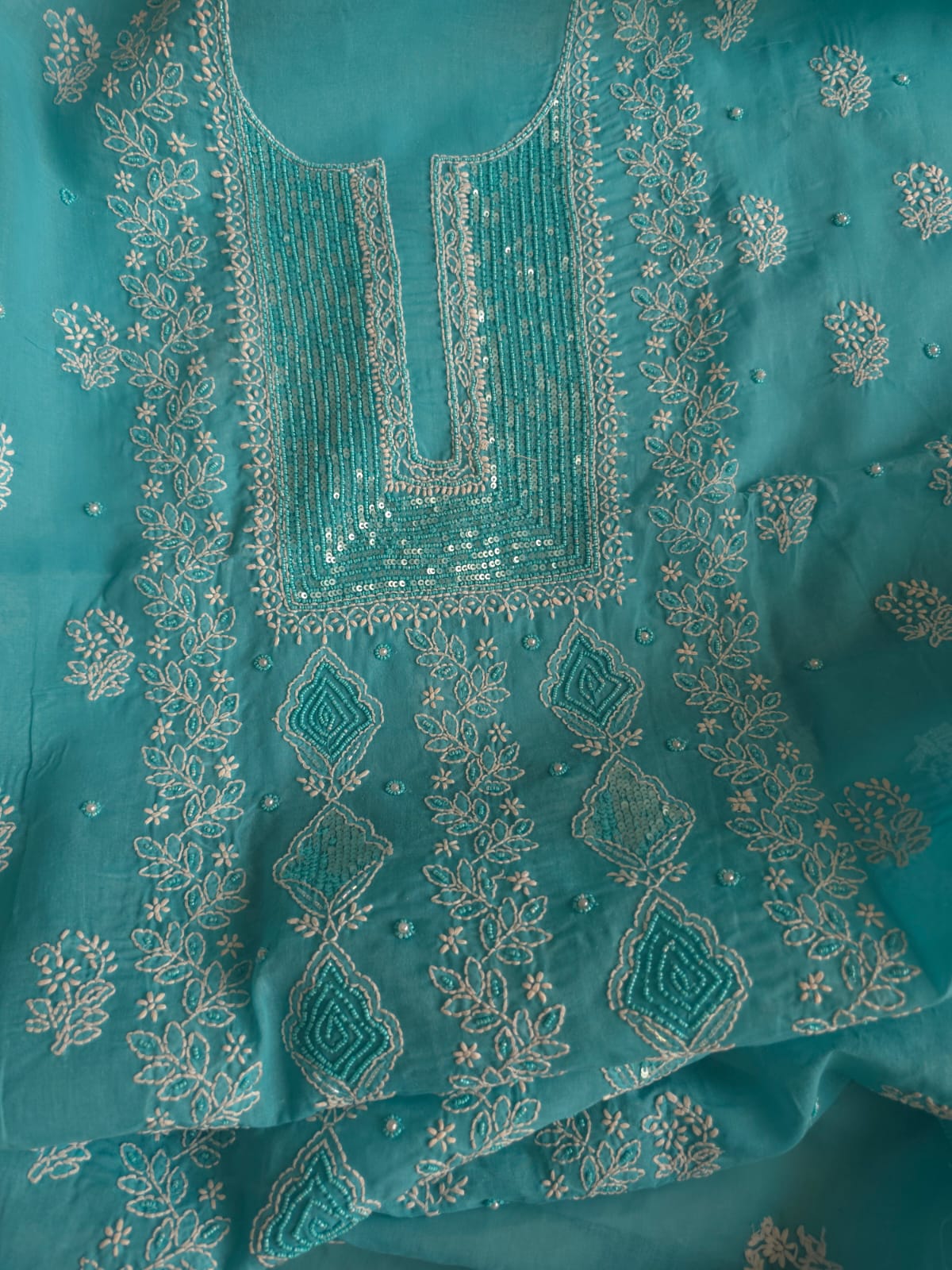 Turquoise kurta fabric with chikankari and beads sequins