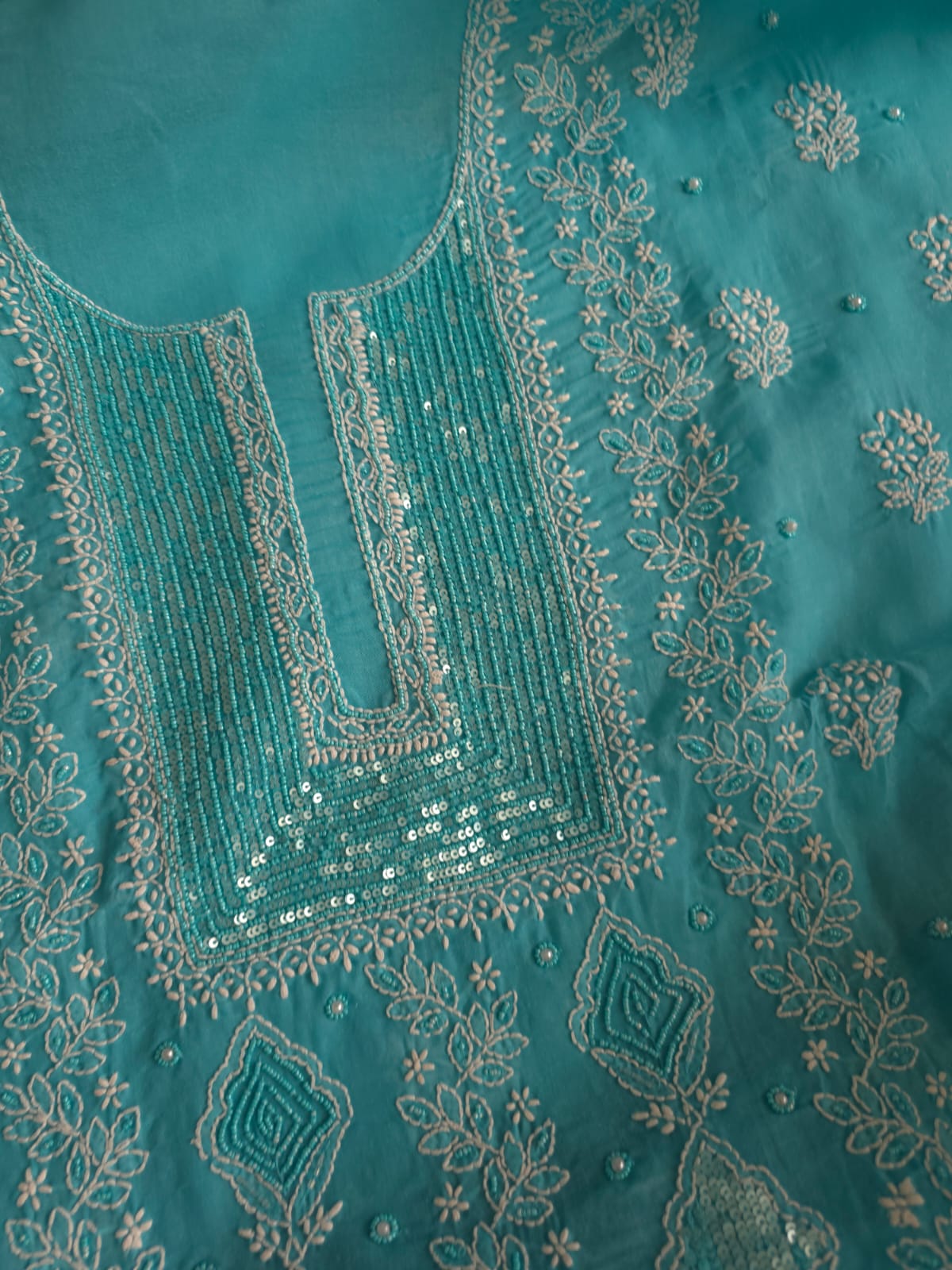 Turquoise kurta fabric with chikankari and beads sequins