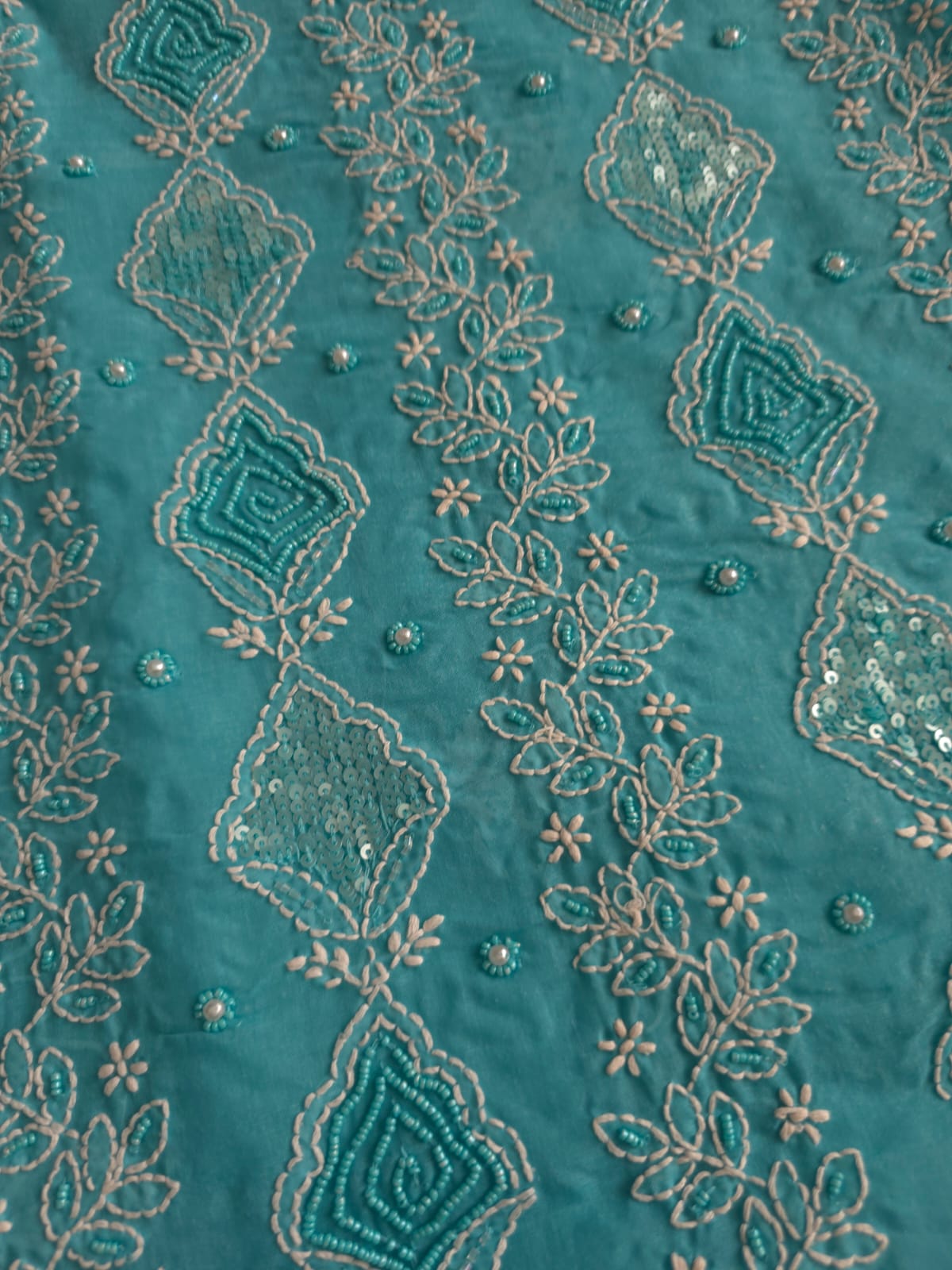 Turquoise kurta fabric with chikankari and beads sequins