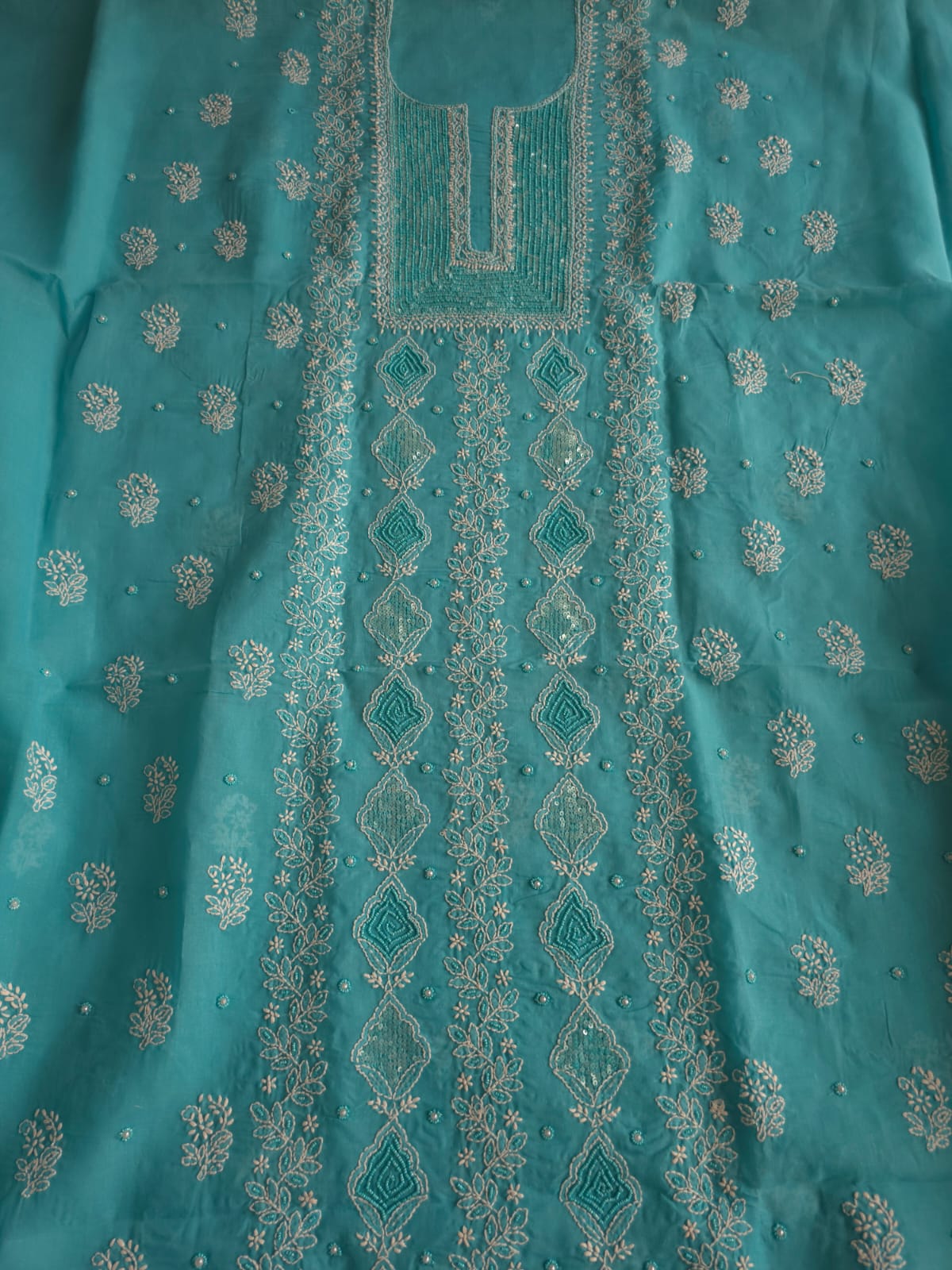 Turquoise kurta fabric with chikankari and beads sequins