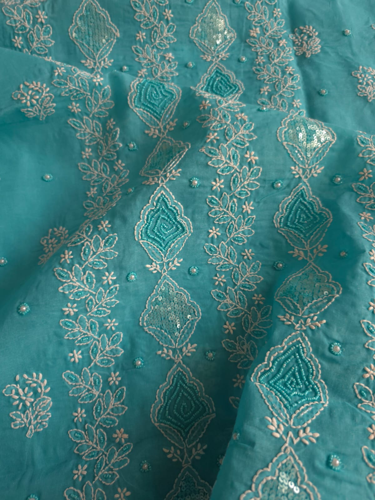 Turquoise kurta fabric with chikankari and beads sequins