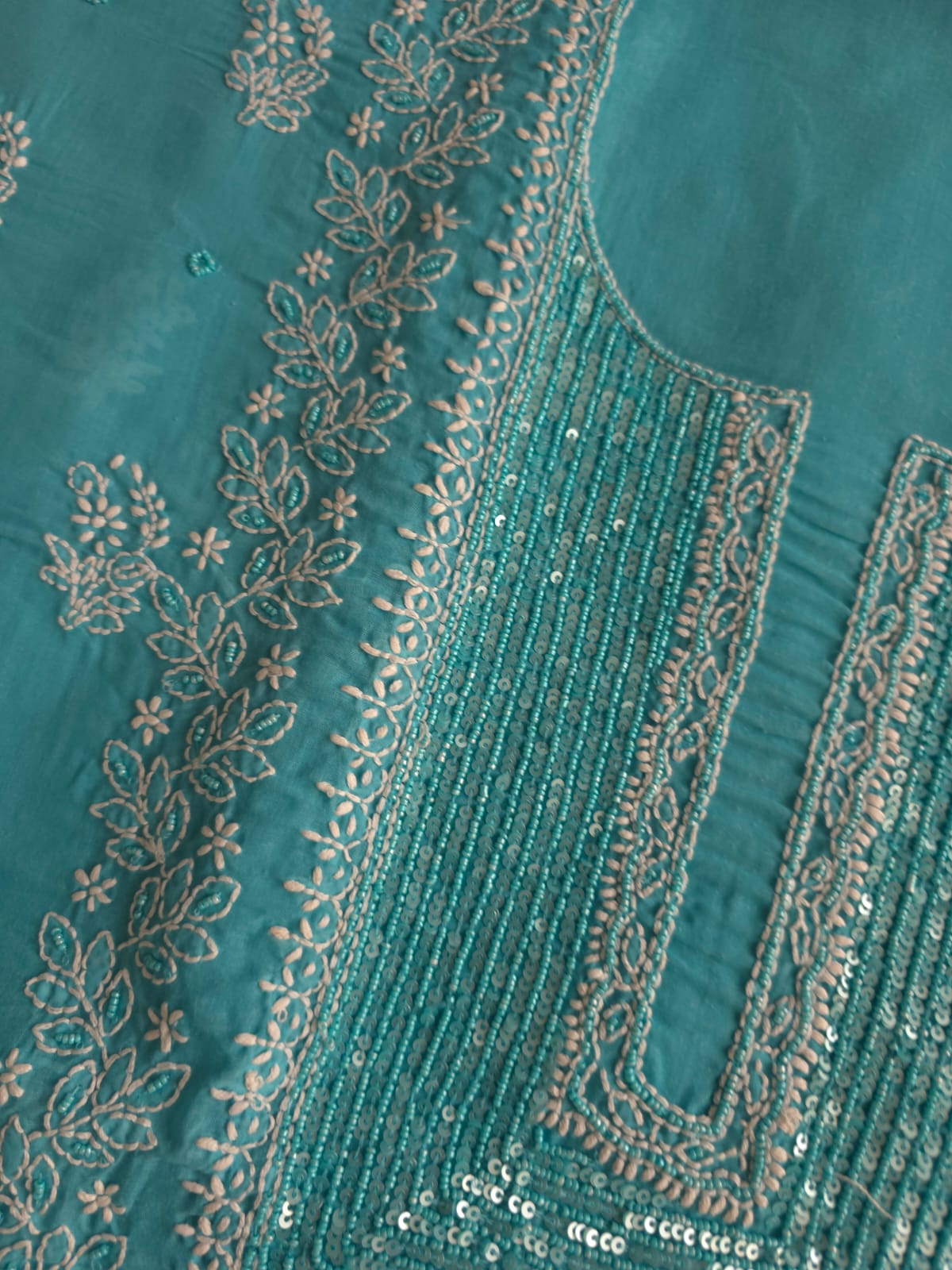 Turquoise kurta fabric with chikankari and beads sequins