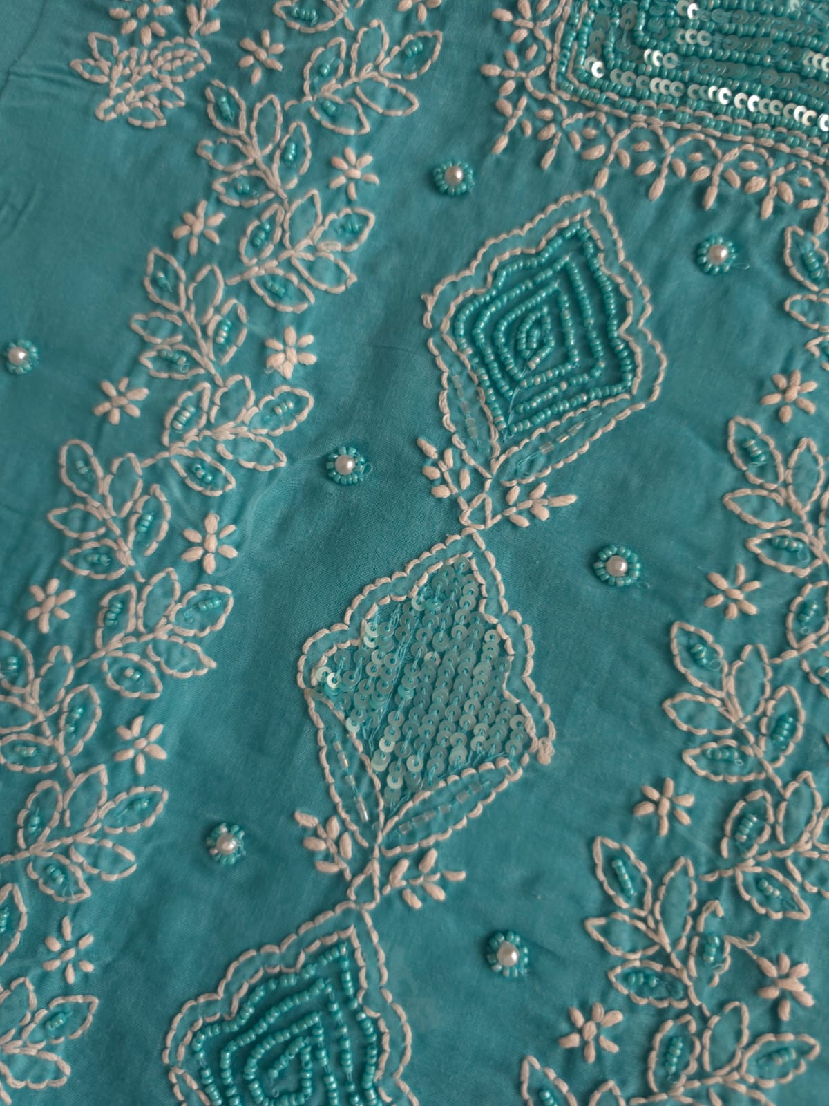 Turquoise kurta fabric with chikankari and beads sequins