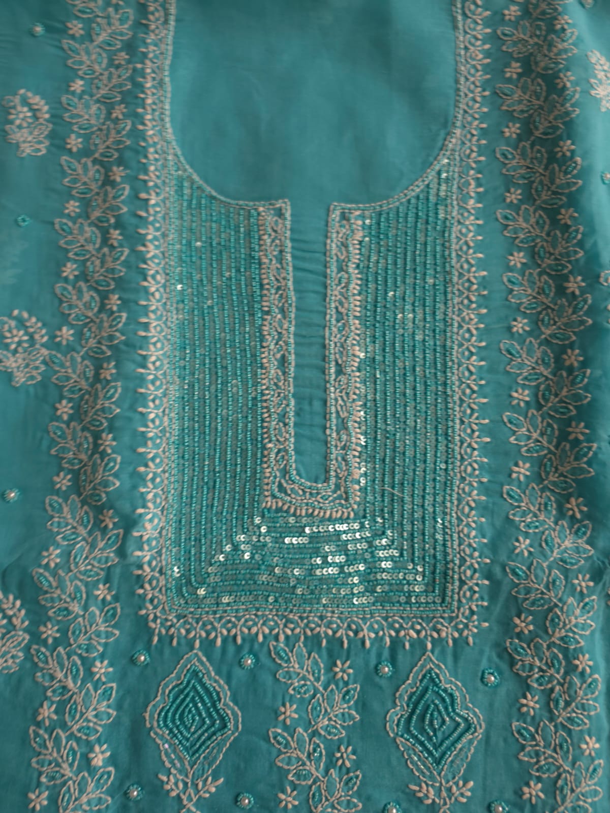 Turquoise kurta fabric with chikankari and beads sequins