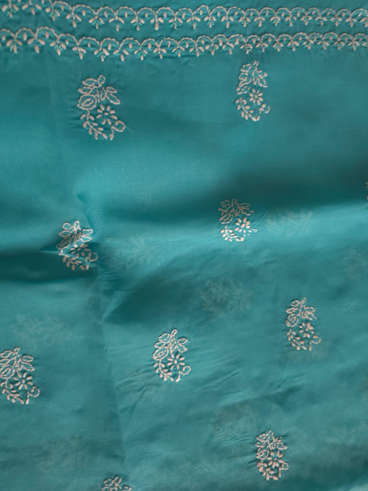 Turquoise kurta fabric with chikankari and beads sequins