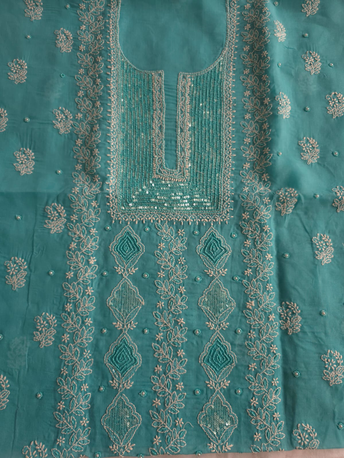 Turquoise kurta fabric with chikankari and beads sequins