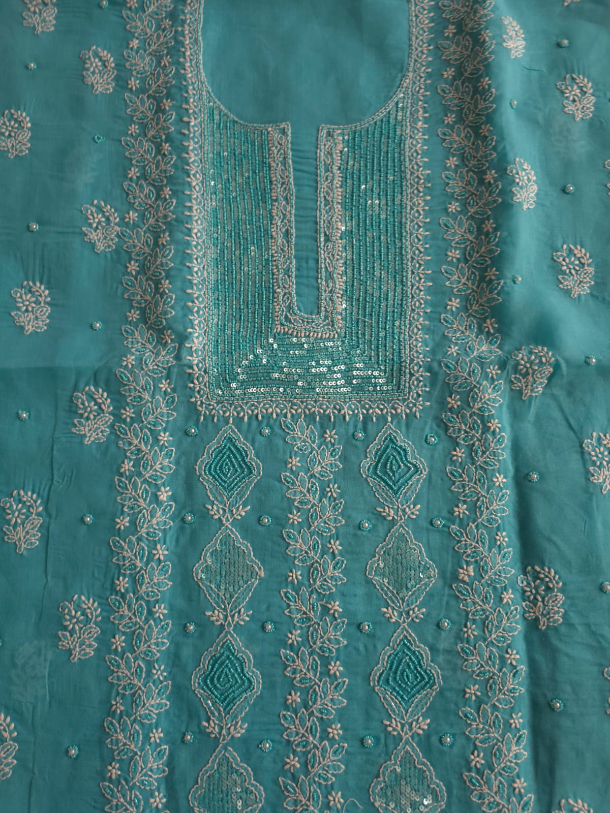 Turquoise kurta fabric with chikankari and beads sequins