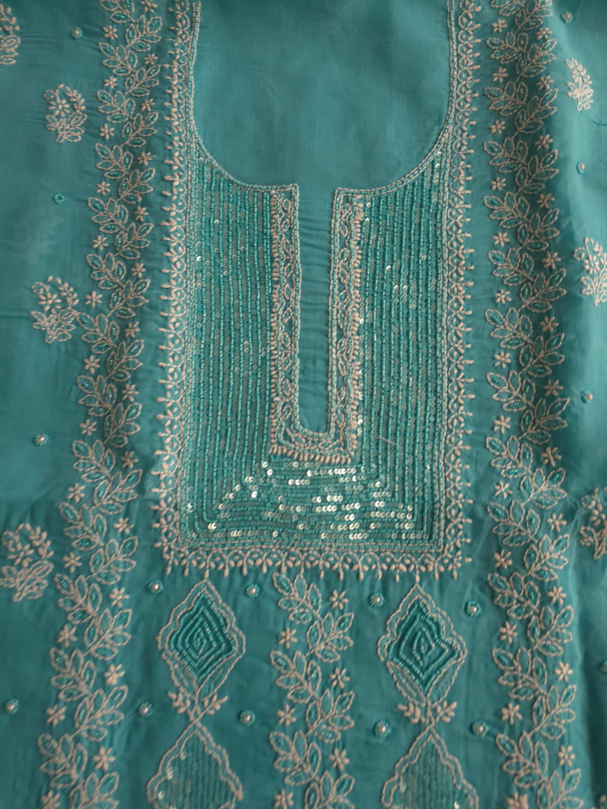 Turquoise kurta fabric with chikankari and beads sequins