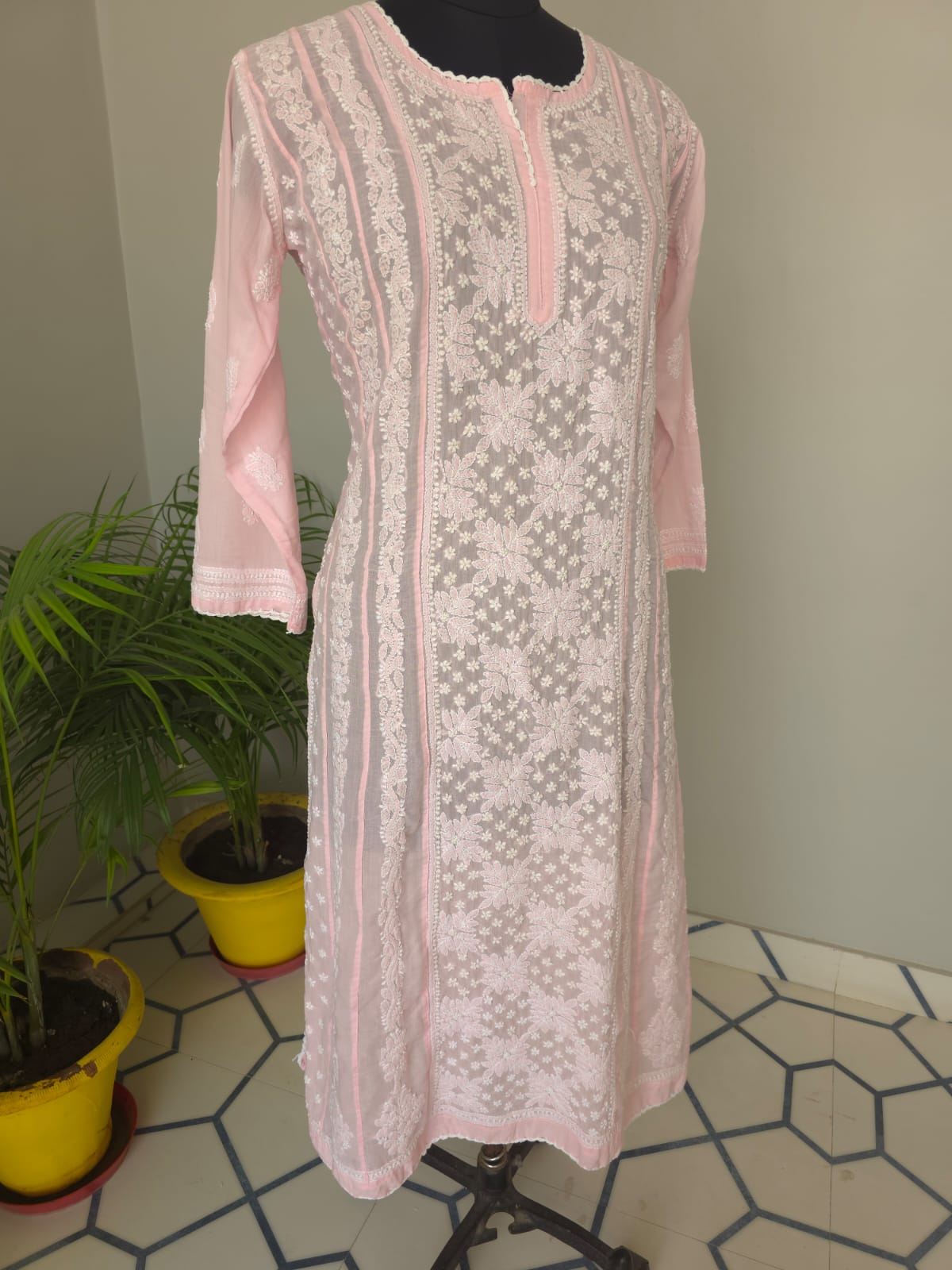 Baby pink Soft cotton Anarkali with front and back Full work