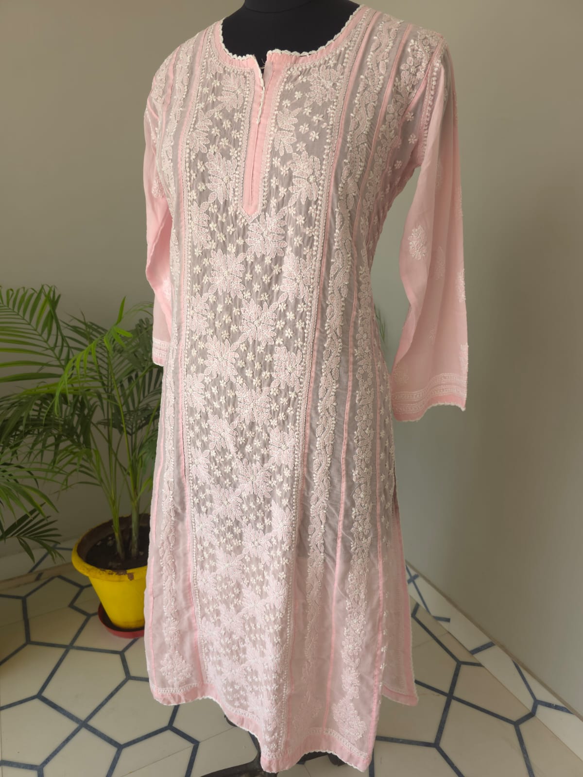 Baby pink Soft cotton Anarkali with front and back Full work