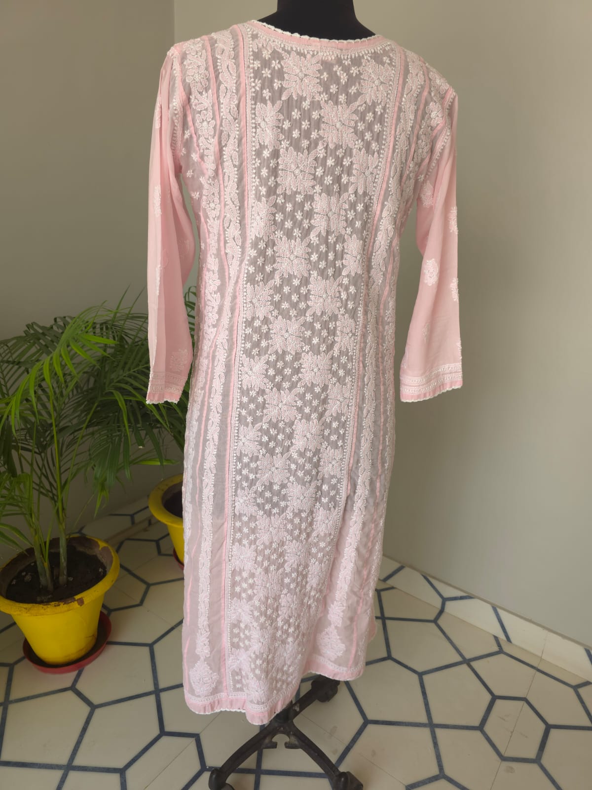 Baby pink Soft cotton Anarkali with front and back Full work