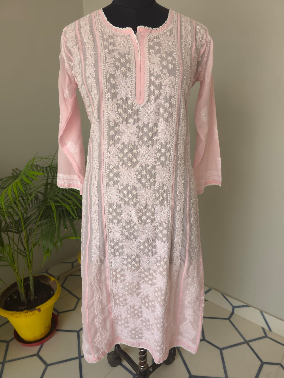 Baby pink Soft cotton Anarkali with front and back Full work