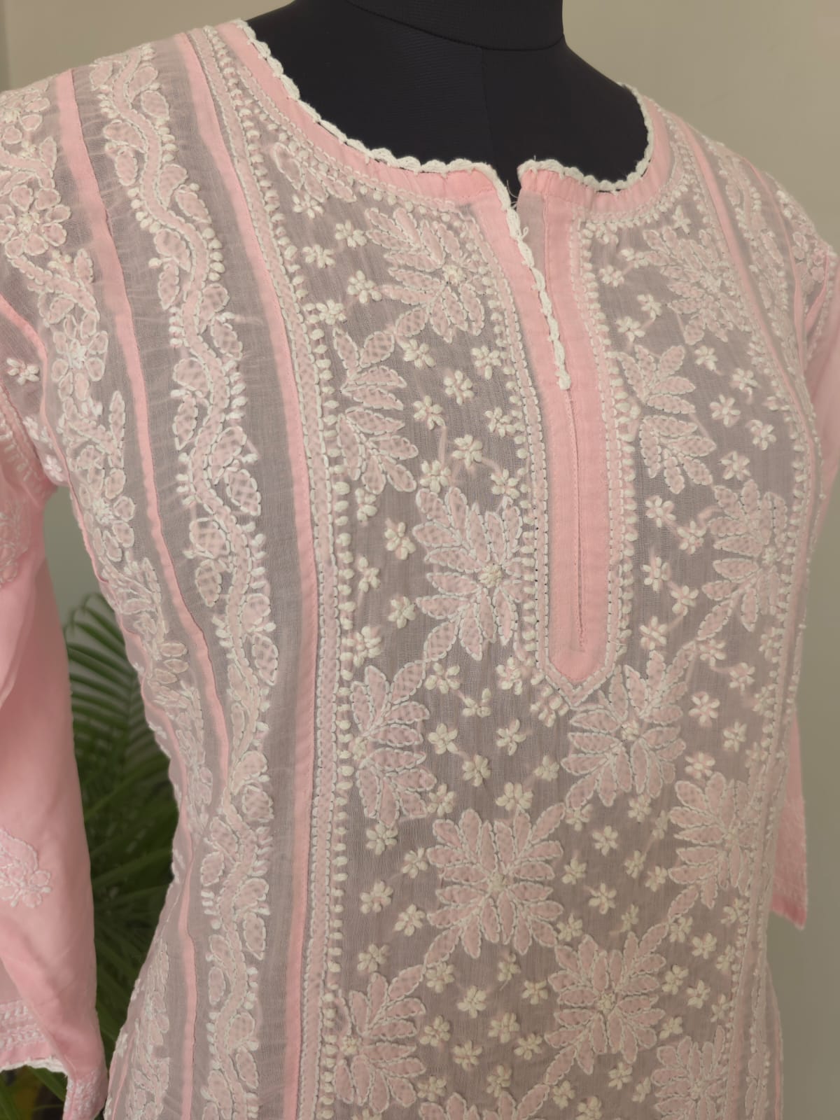 Baby pink Soft cotton Anarkali with front and back Full work