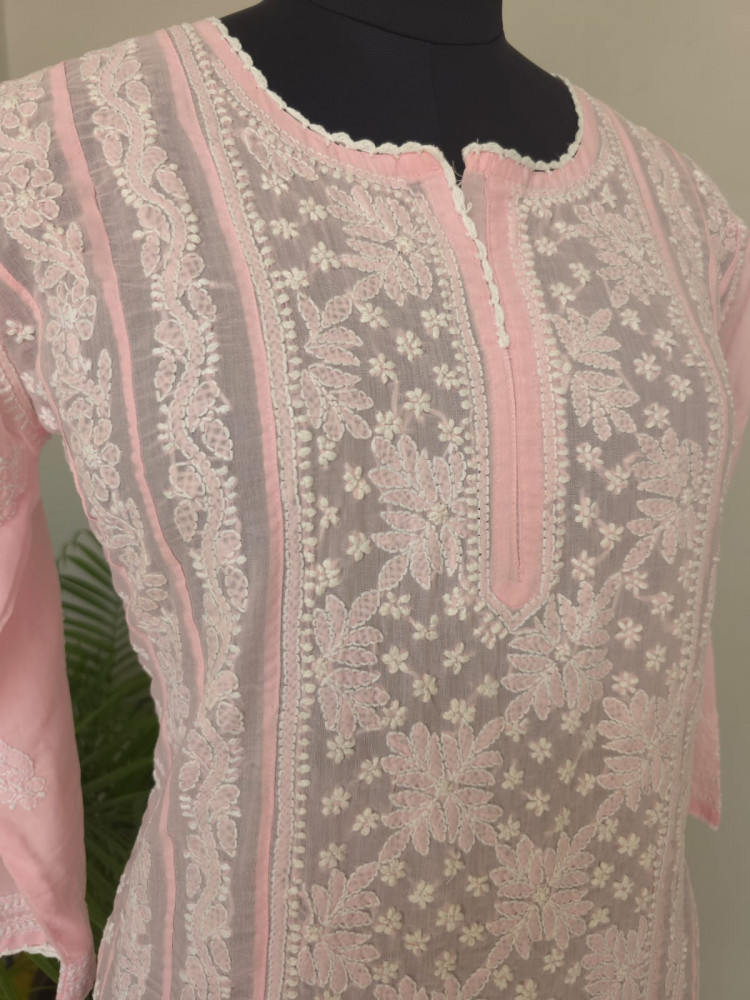 Image of Baby pink Soft cotton Anarkali with front and back Full work