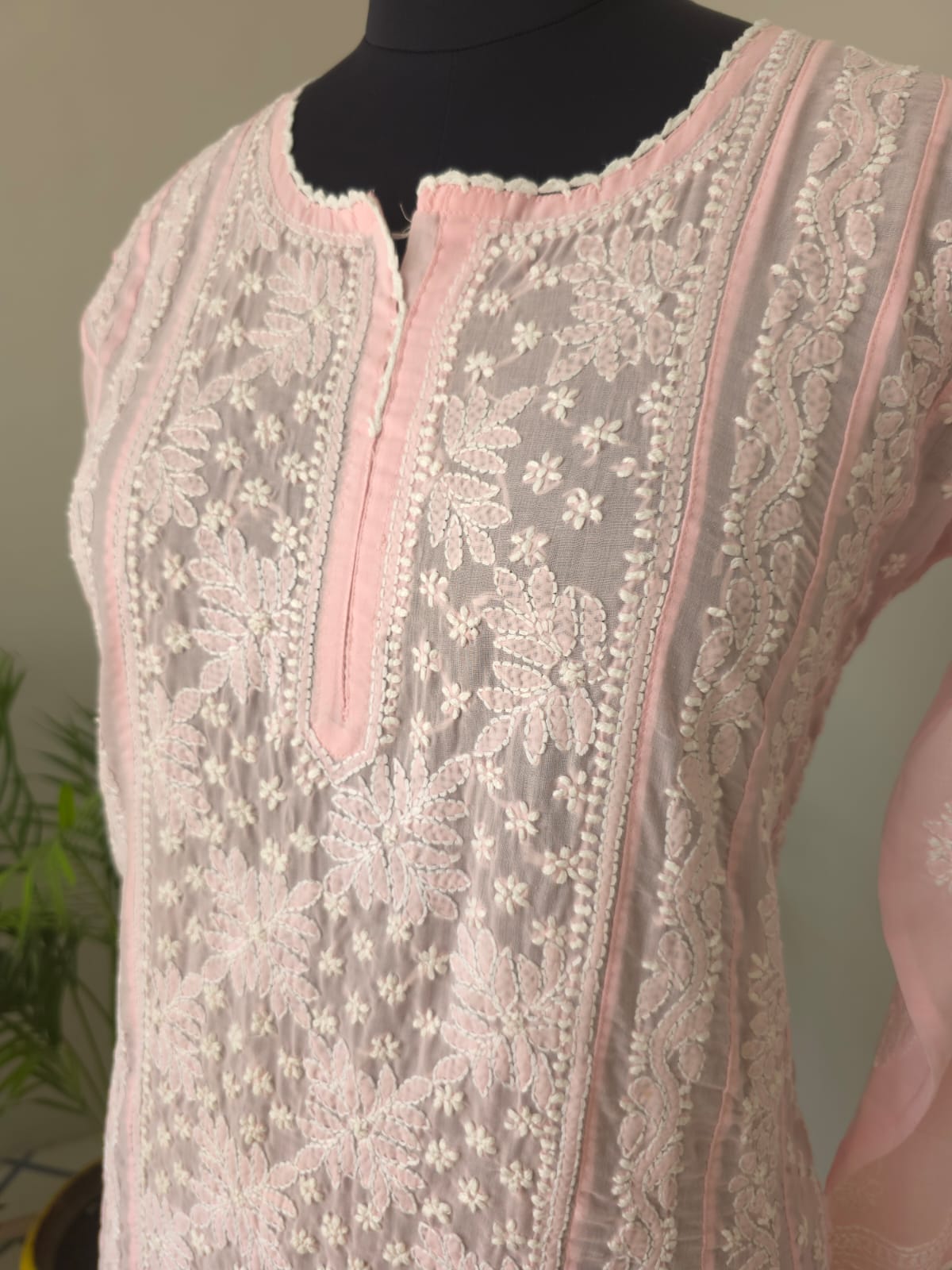 Baby pink Soft cotton Anarkali with front and back Full work