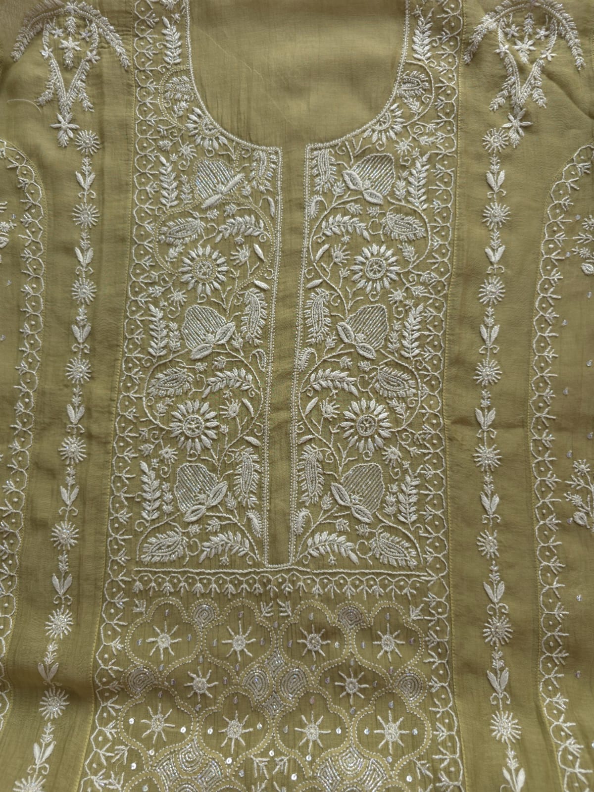 Green Mul Chanderi Kurta dupatta with chikankari and cutdana pearl