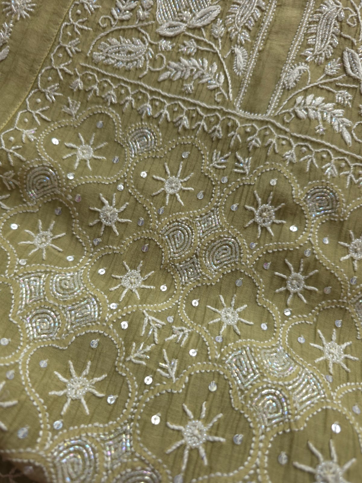 Green Mul Chanderi Kurta dupatta with chikankari and cutdana pearl