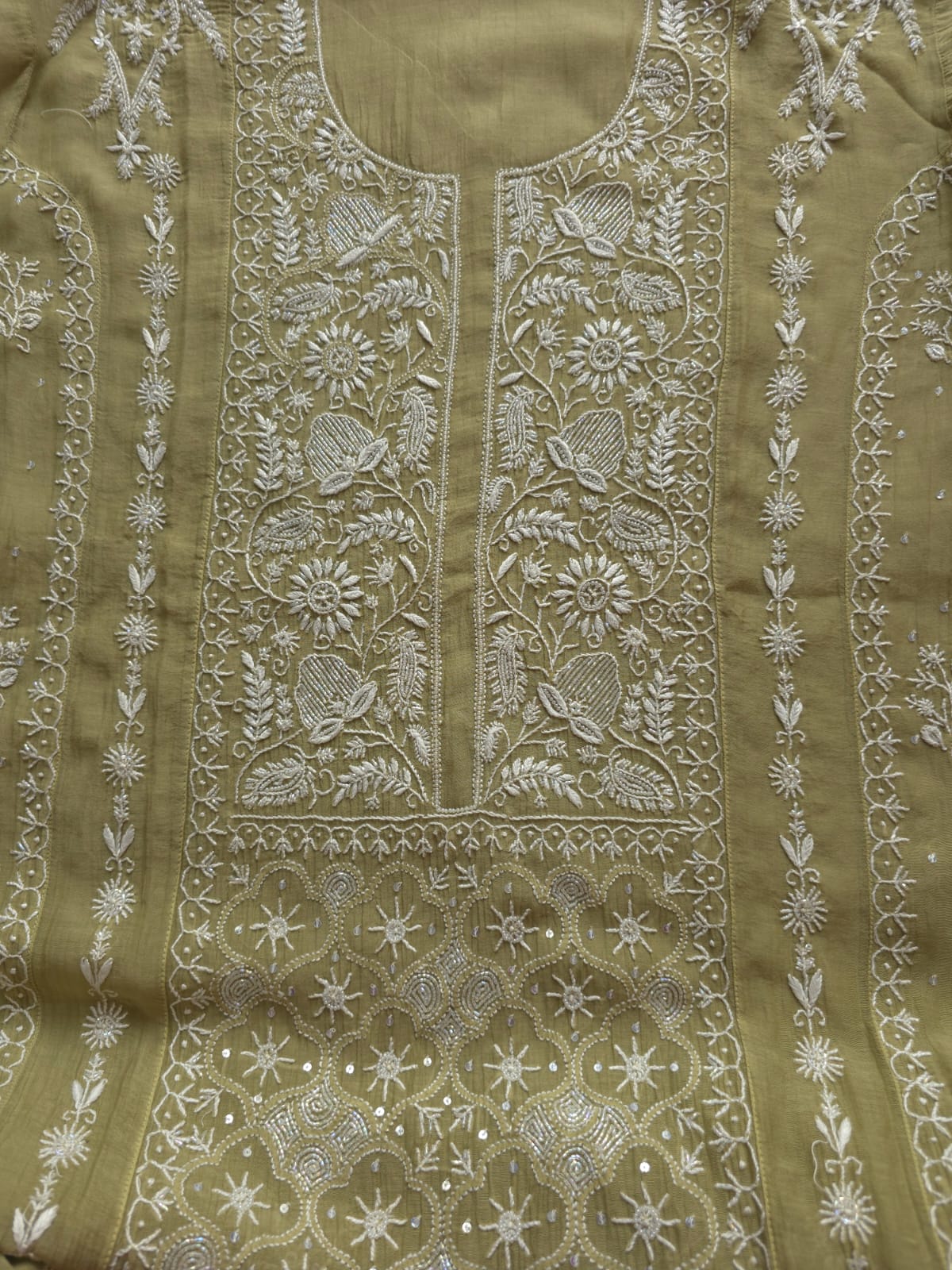 Green Mul Chanderi Kurta dupatta with chikankari and cutdana pearl