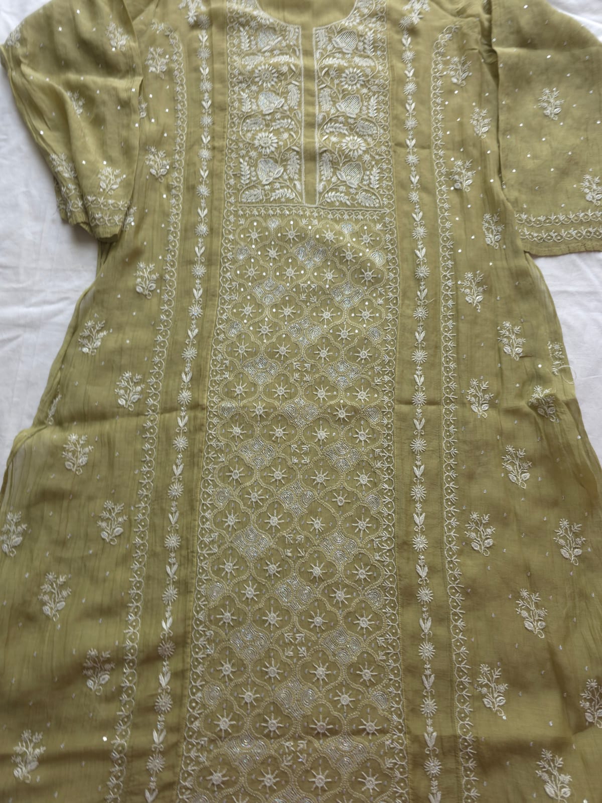 Green Mul Chanderi Kurta dupatta with chikankari and cutdana pearl