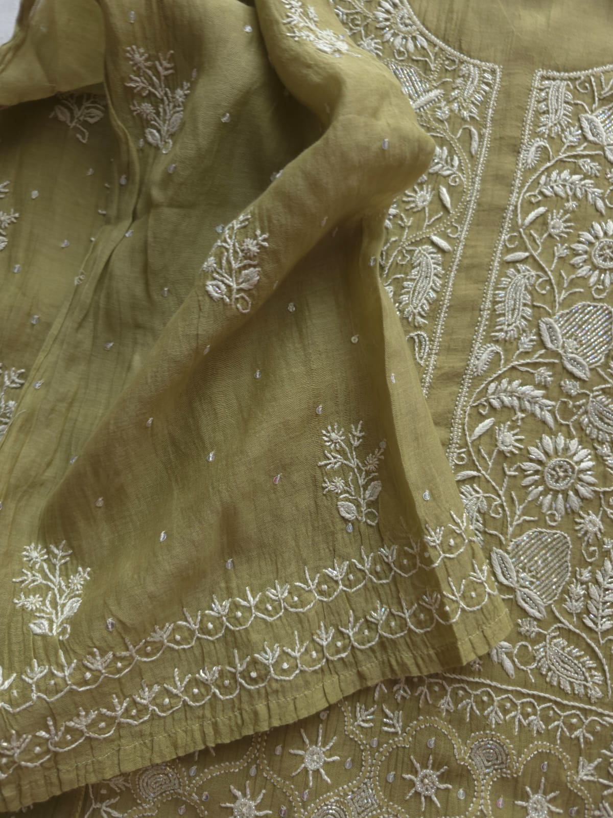 Green Mul Chanderi Kurta dupatta with chikankari and cutdana pearl