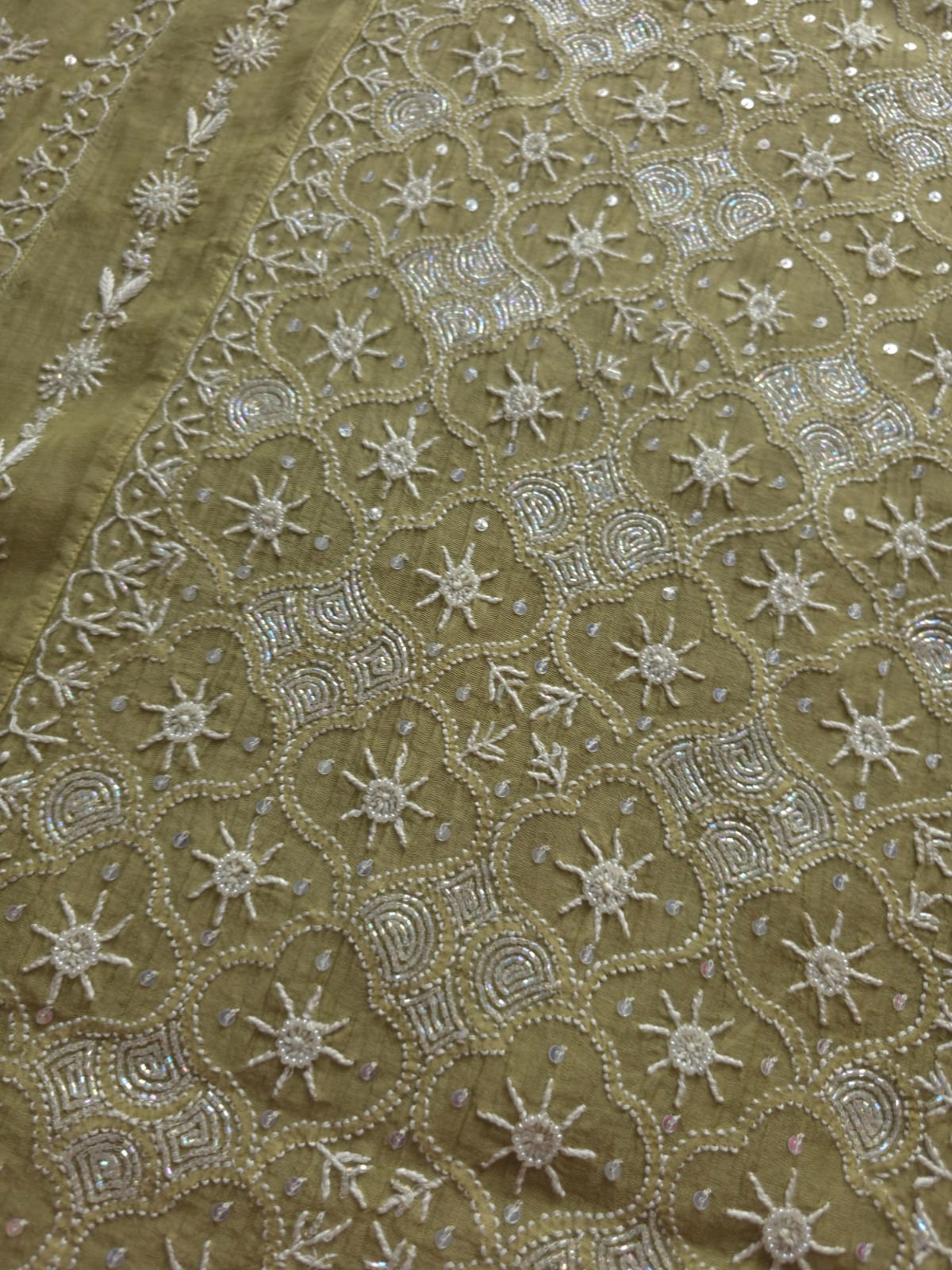 Green Mul Chanderi Kurta dupatta with chikankari and cutdana pearl