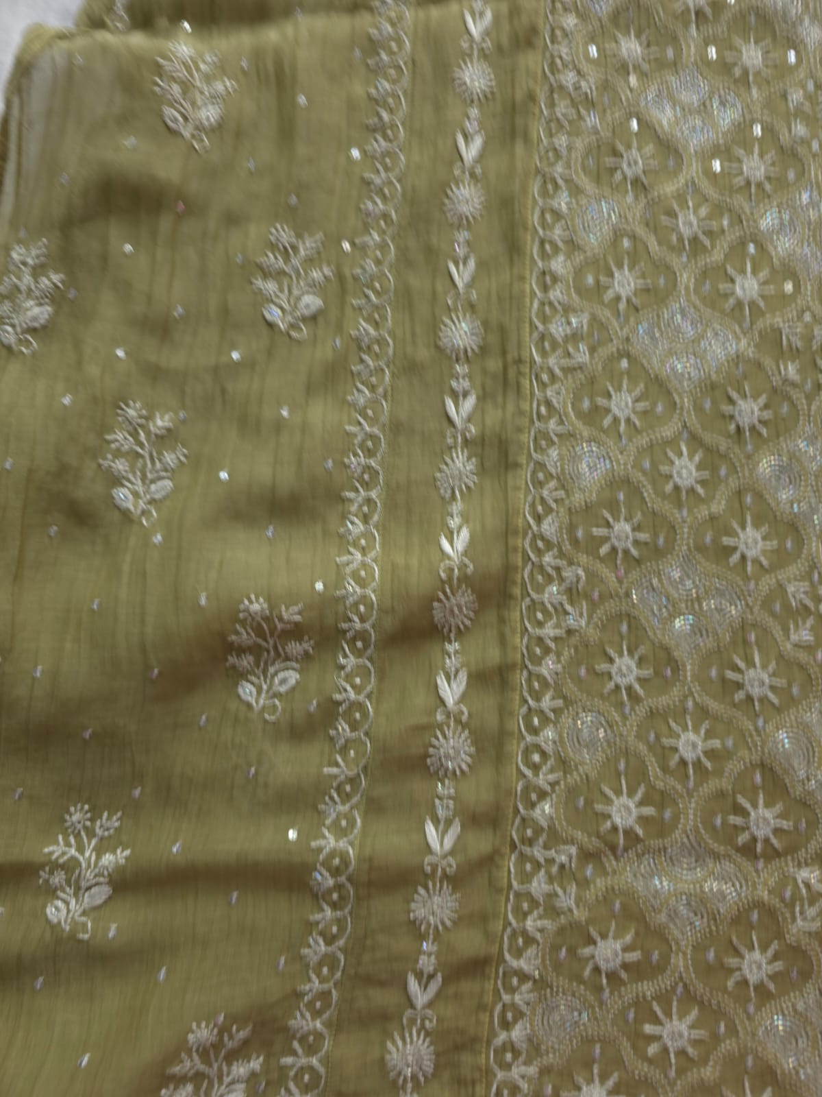 Green Mul Chanderi Kurta dupatta with chikankari and cutdana pearl