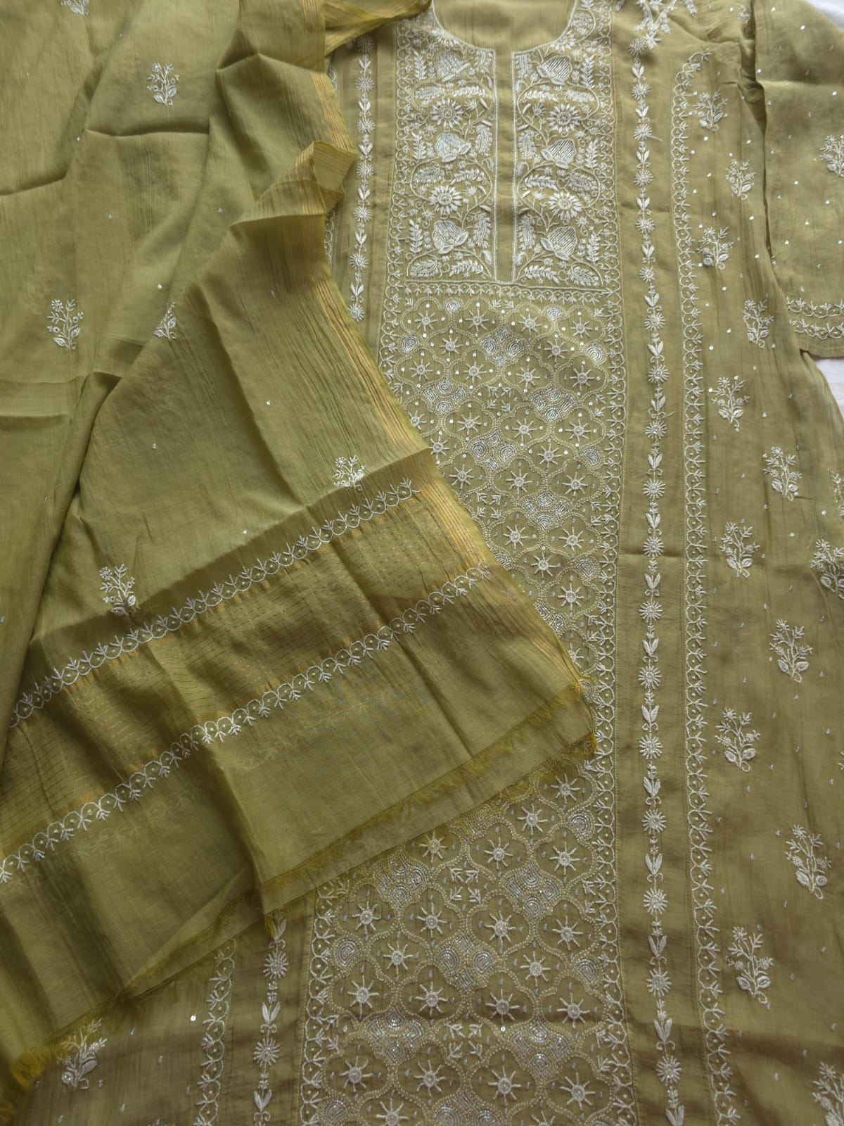 Green Mul Chanderi Kurta dupatta with chikankari and cutdana pearl