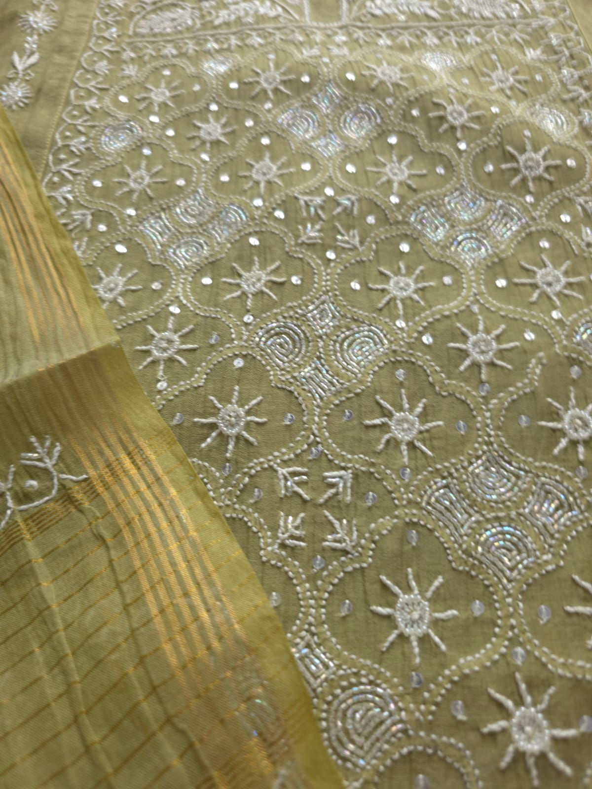 Green Mul Chanderi Kurta dupatta with chikankari and cutdana pearl