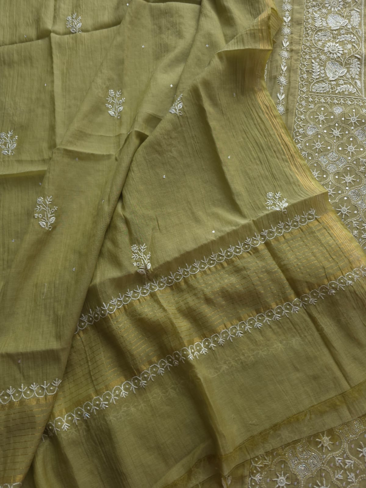 Green Mul Chanderi Kurta dupatta with chikankari and cutdana pearl