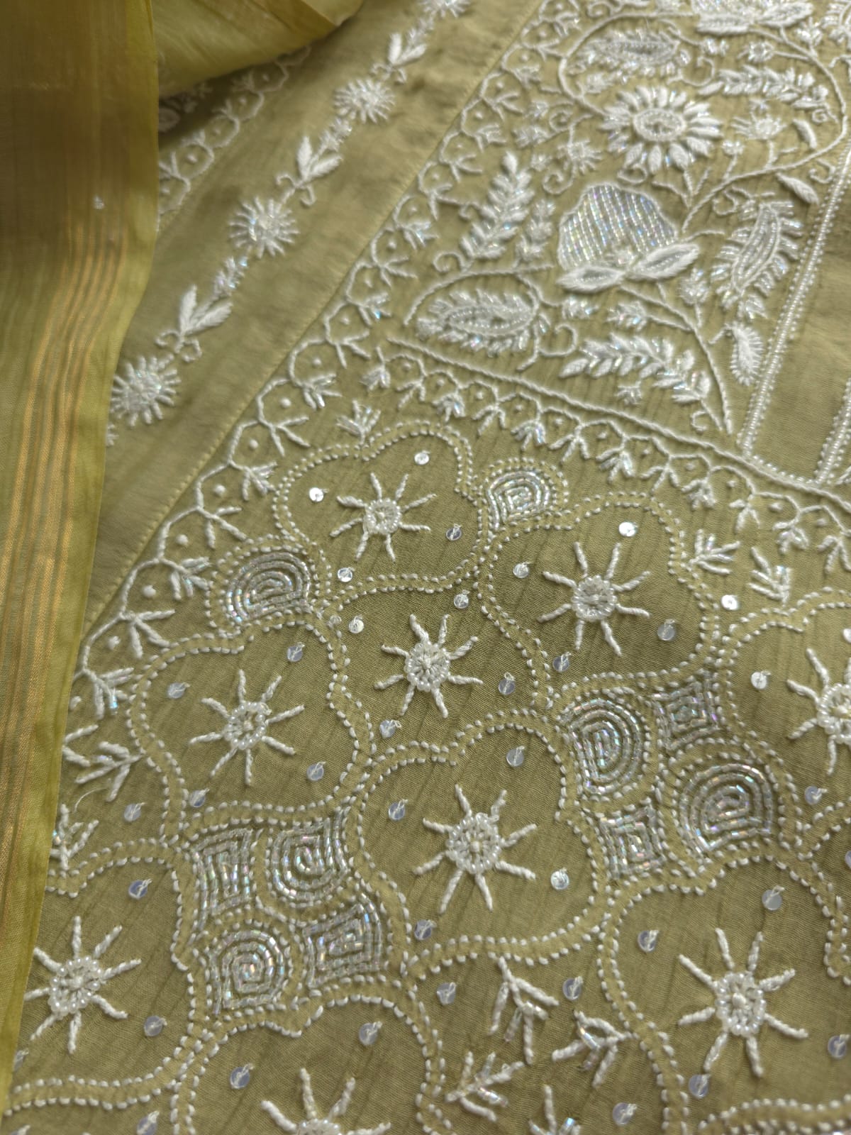 Green Mul Chanderi Kurta dupatta with chikankari and cutdana pearl