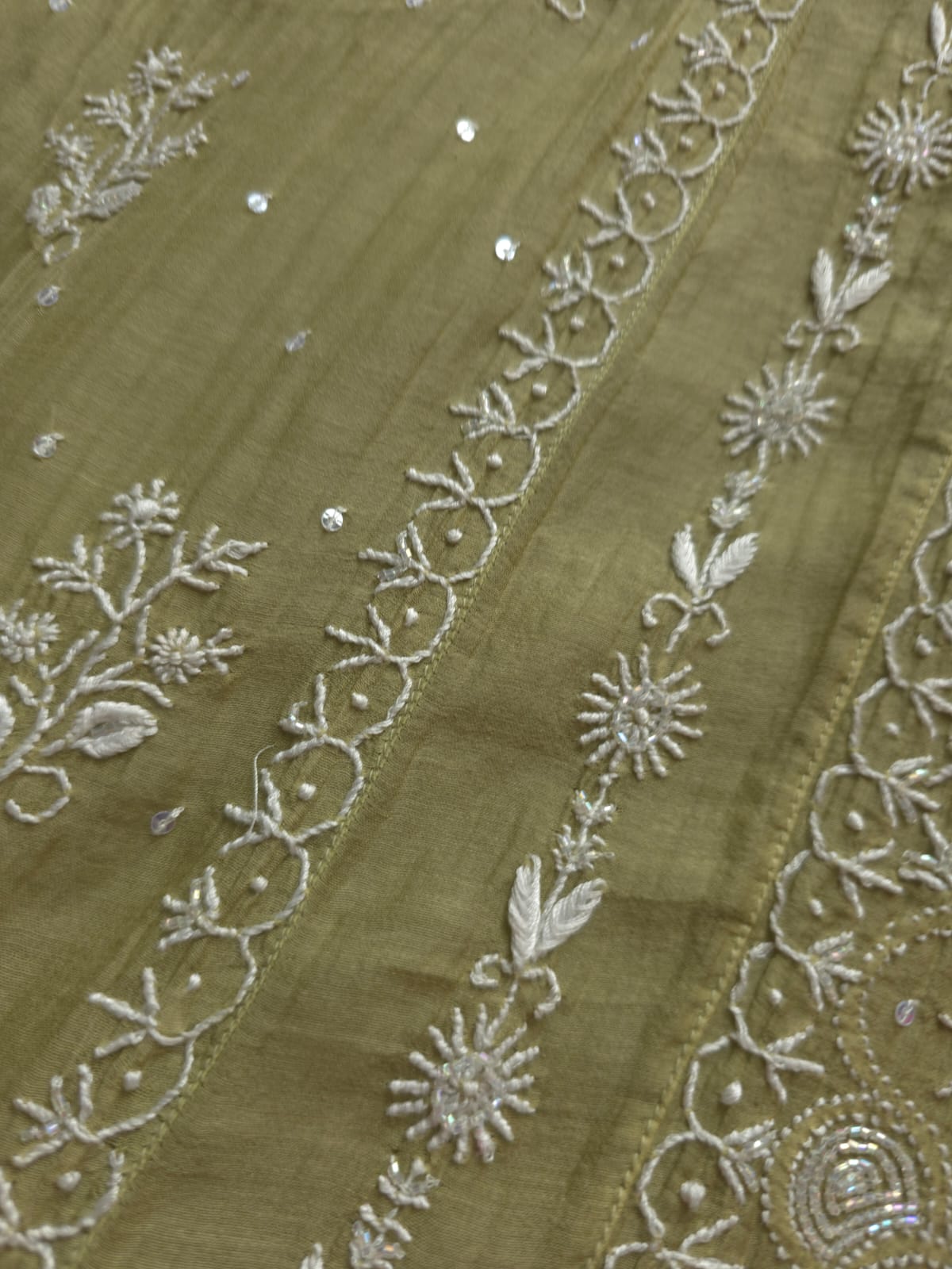 Green Mul Chanderi Kurta dupatta with chikankari and cutdana pearl