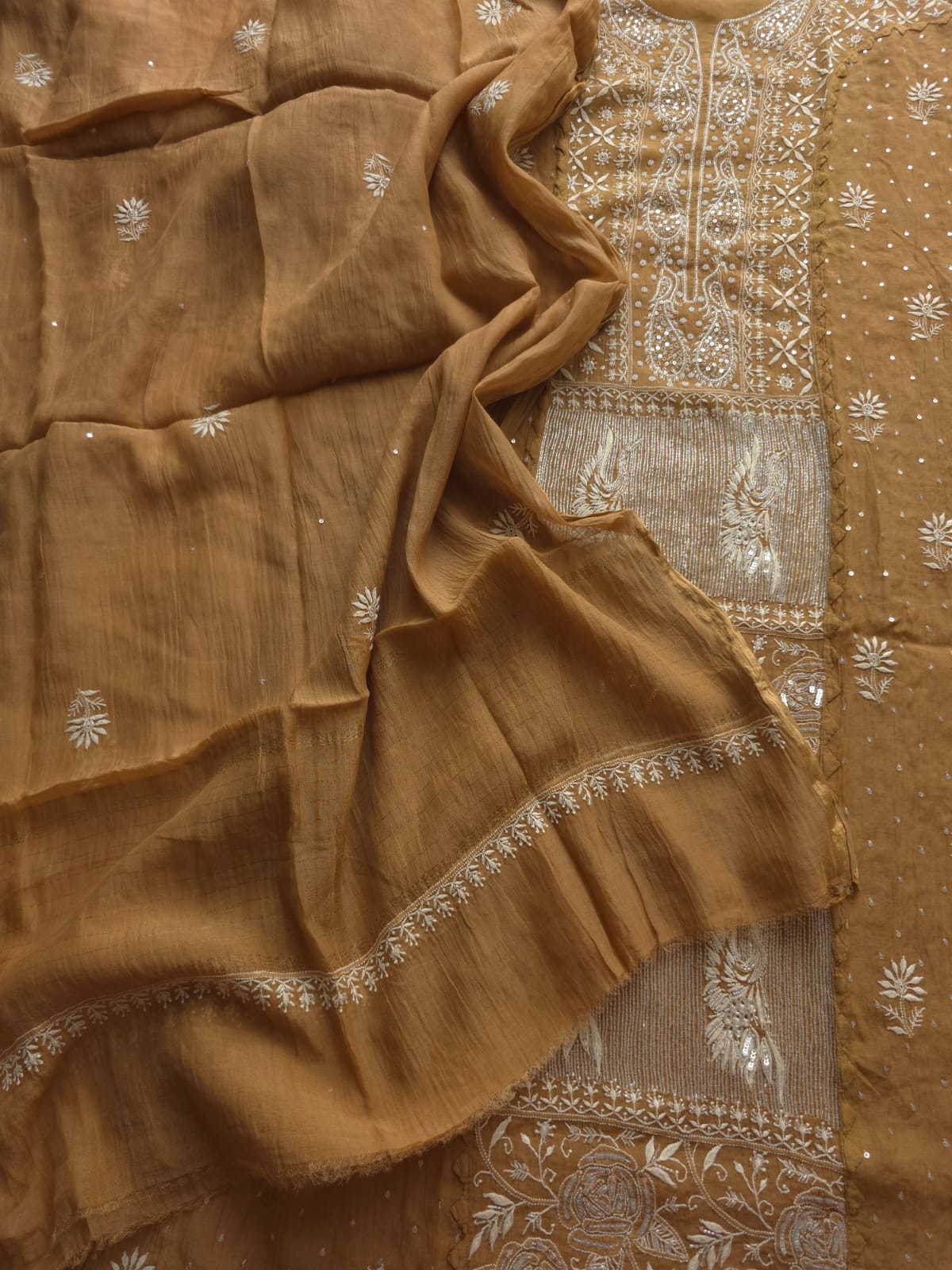 Brown Mul Chanderi Semi Stitched with Fine Chikankari and add on