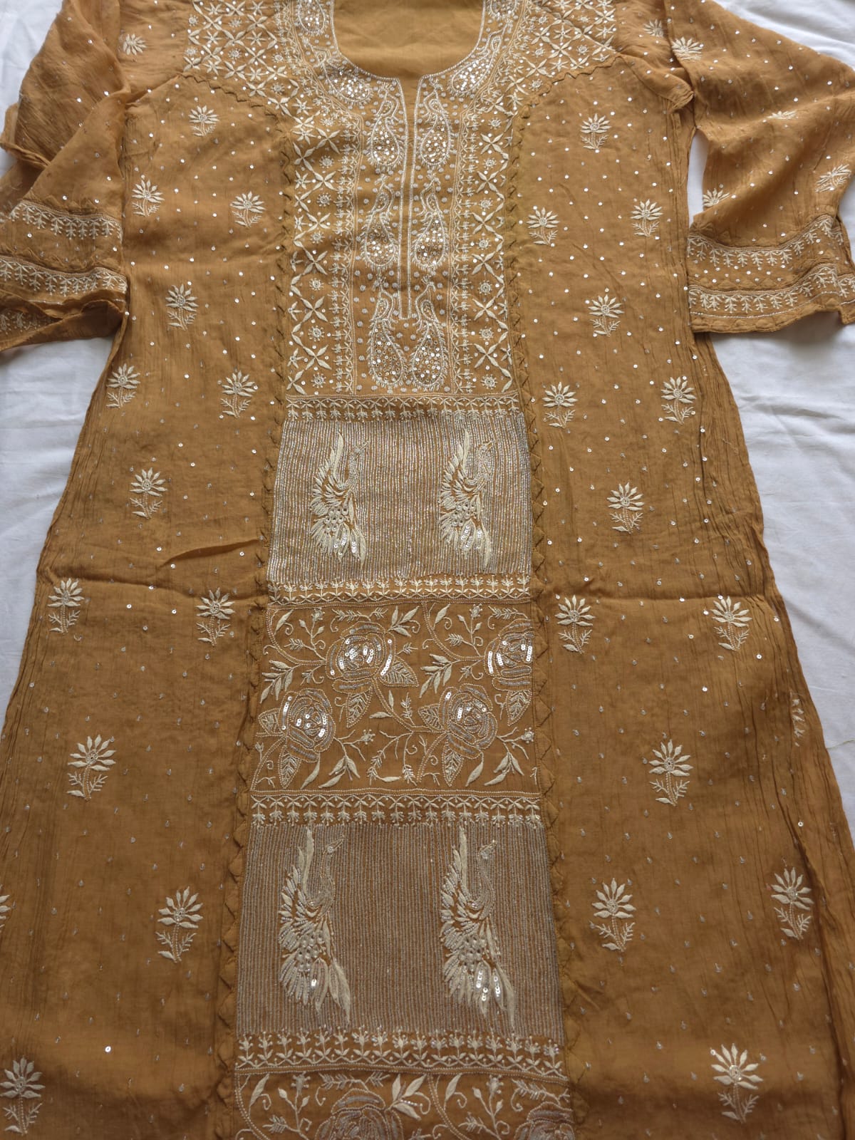 Brown Mul Chanderi Semi Stitched with Fine Chikankari and add on