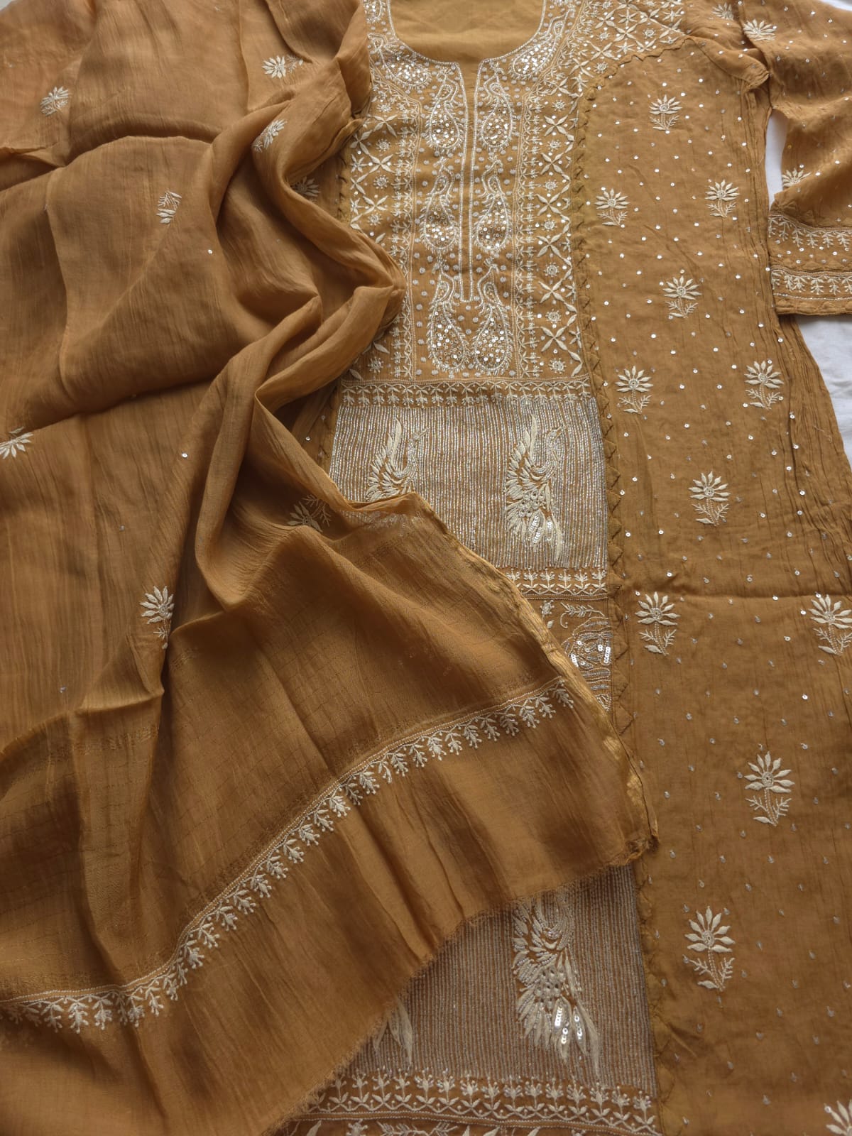 Brown Mul Chanderi Semi Stitched with Fine Chikankari and add on