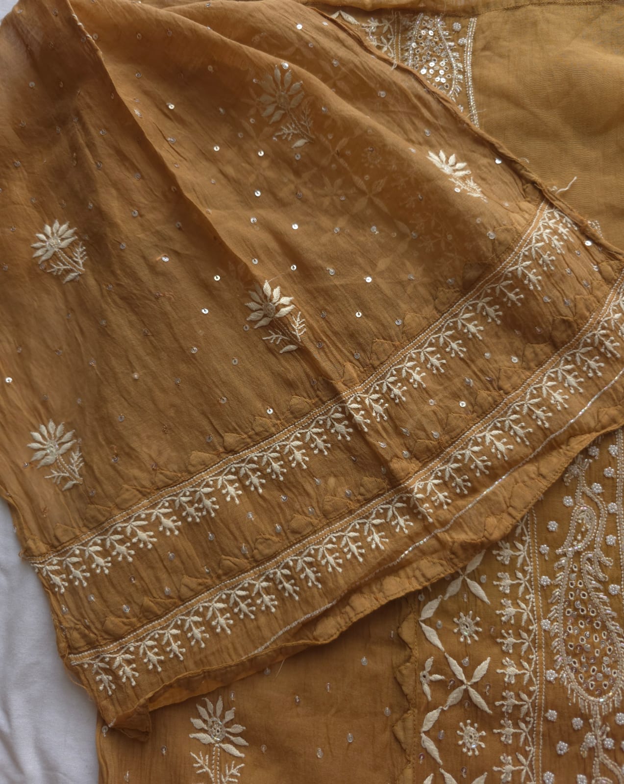 Brown Mul Chanderi Semi Stitched with Fine Chikankari and add on