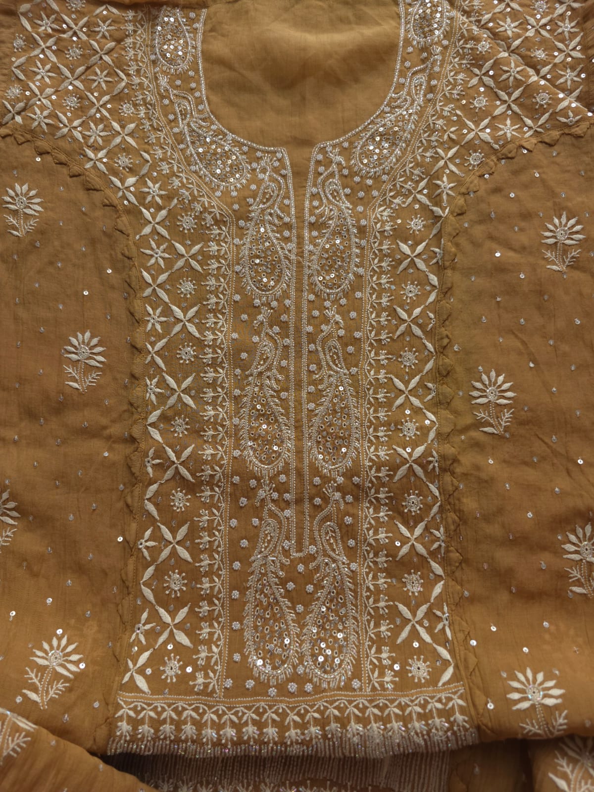 Brown Mul Chanderi Semi Stitched with Fine Chikankari and add on