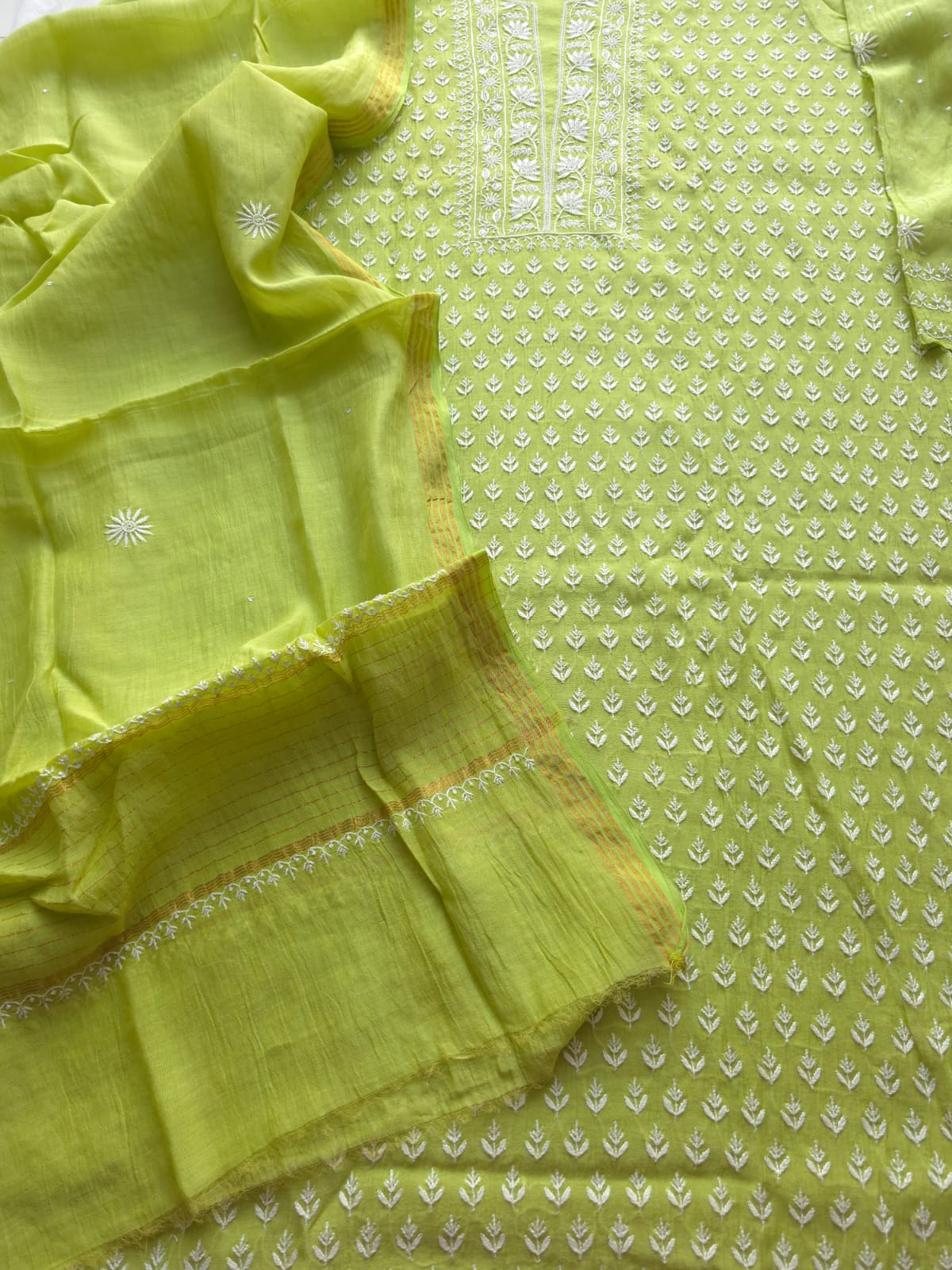 Lime green Mul chanderi Kurta and Dupatta with Chikankari embellishments
