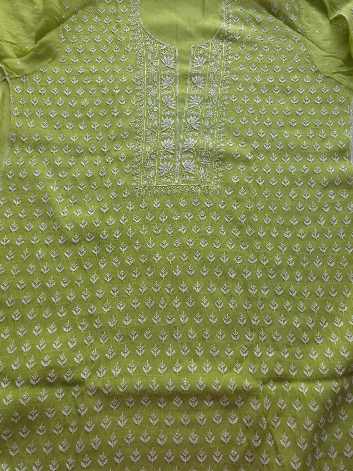 Lime green Mul chanderi Kurta and Dupatta with Chikankari embellishments
