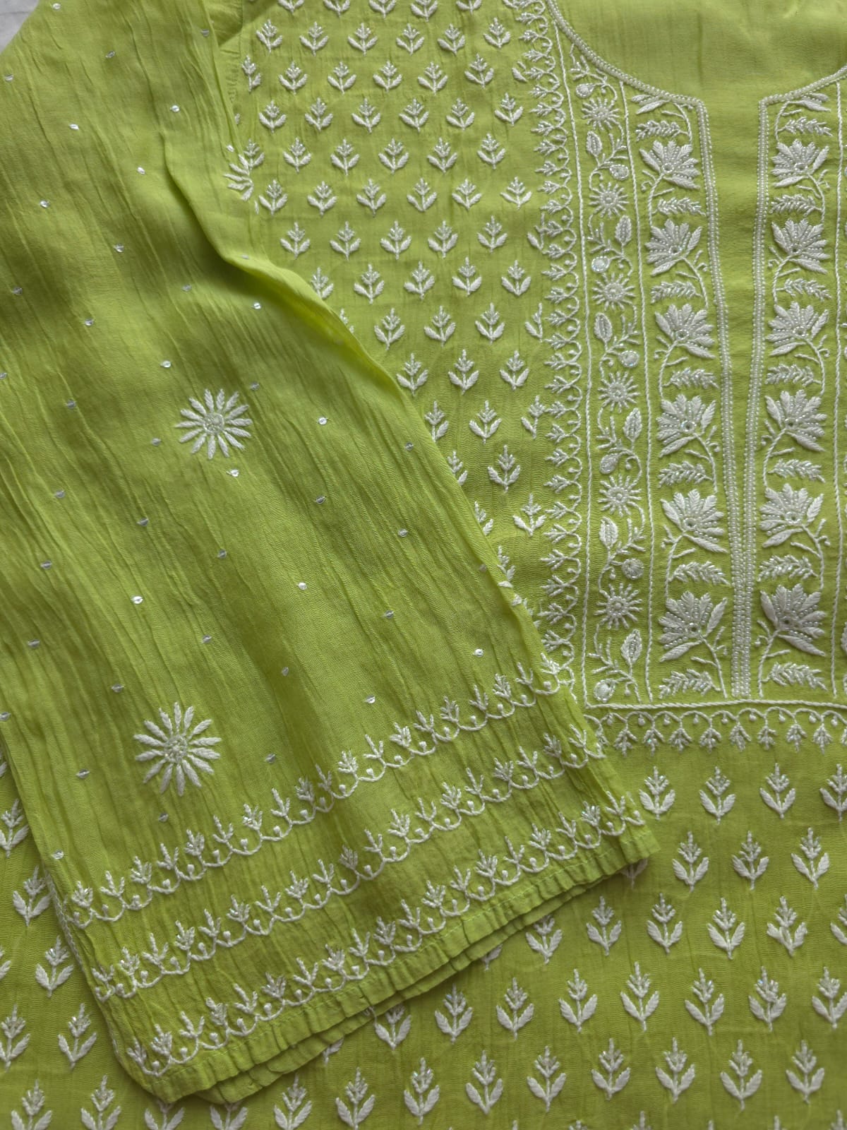 Lime green Mul chanderi Kurta and Dupatta with Chikankari embellishments