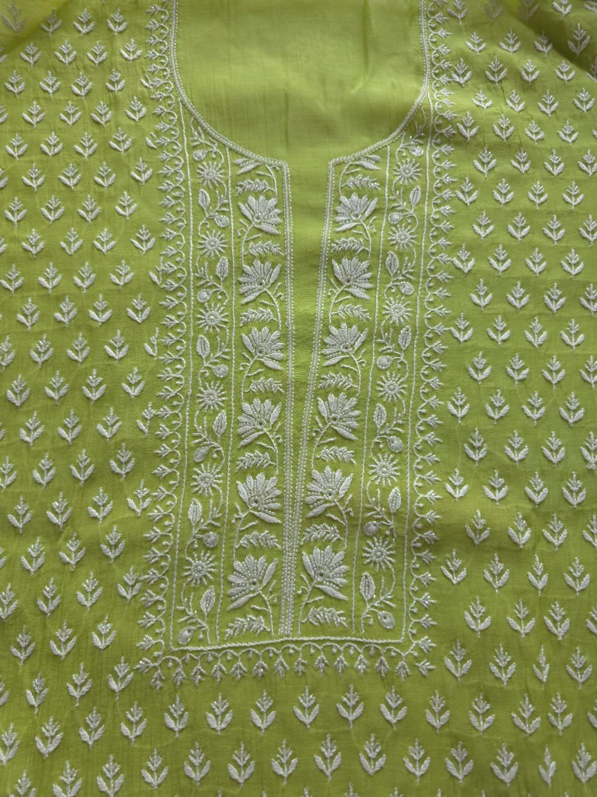 Lime green Mul chanderi Kurta and Dupatta with Chikankari embellishments