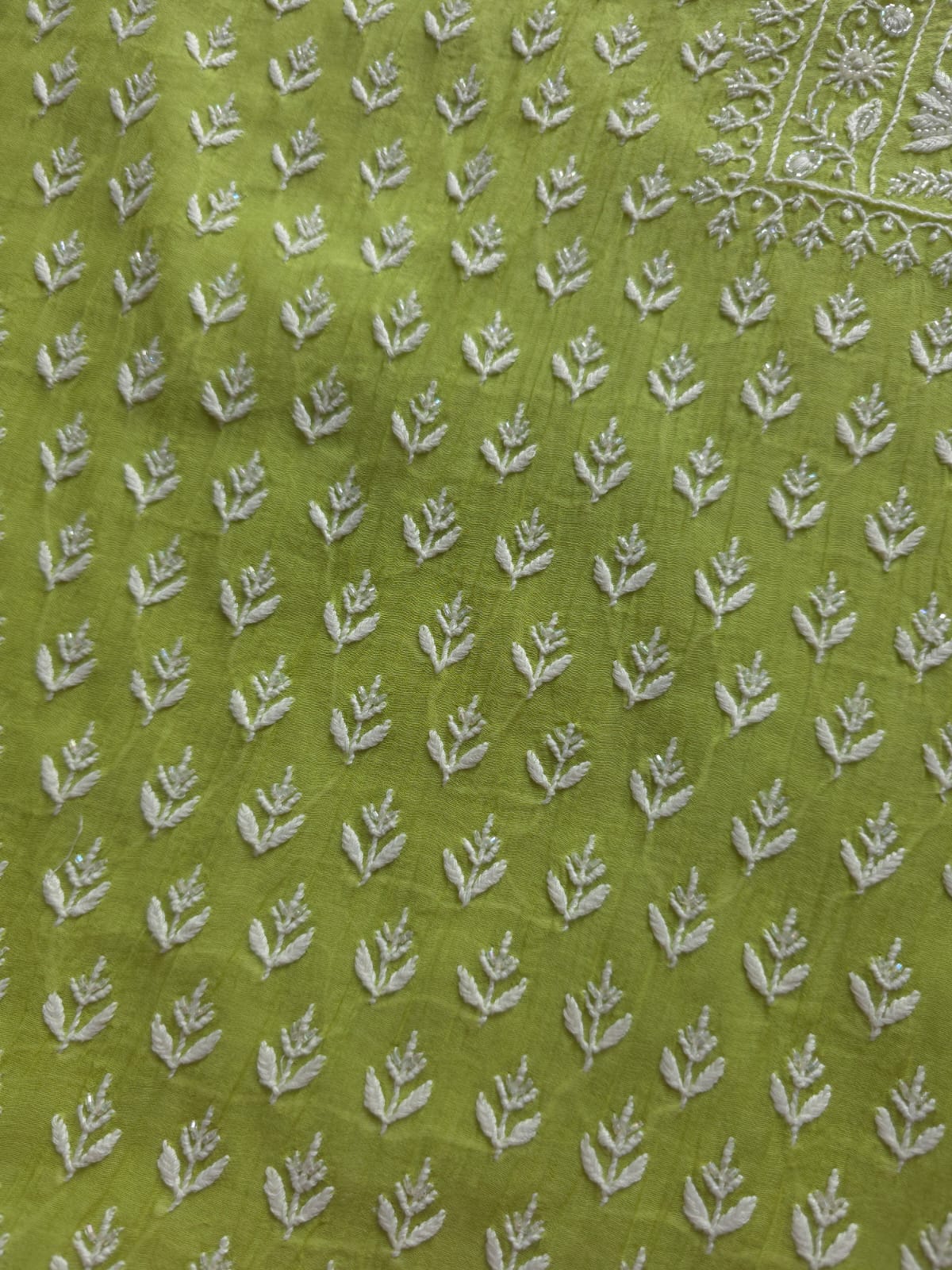 Lime green Mul chanderi Kurta and Dupatta with Chikankari embellishments