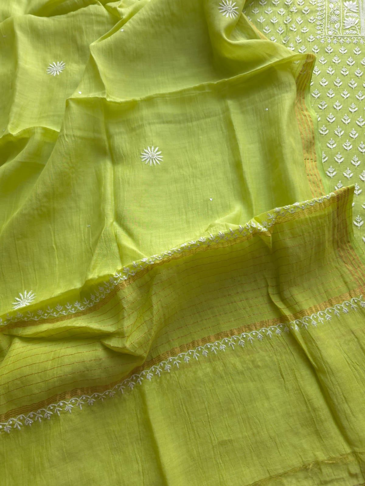 Lime green Mul chanderi Kurta and Dupatta with Chikankari embellishments