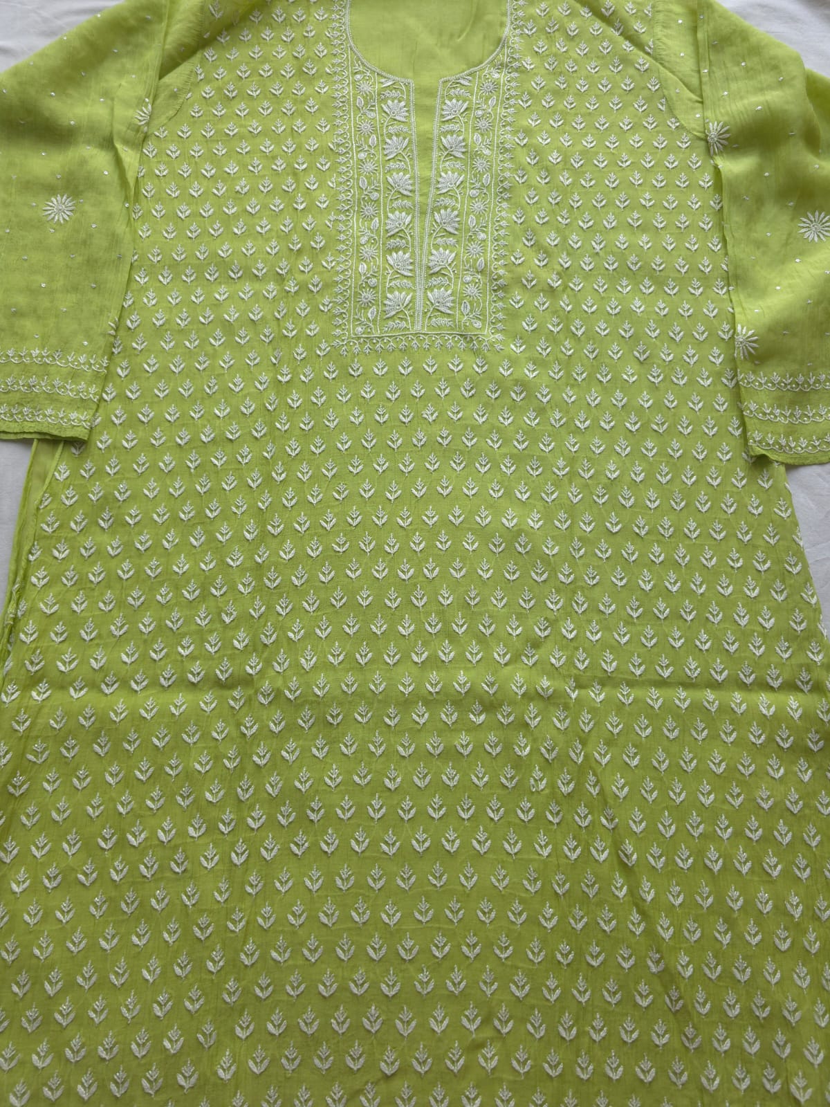 Lime green Mul chanderi Kurta and Dupatta with Chikankari embellishments