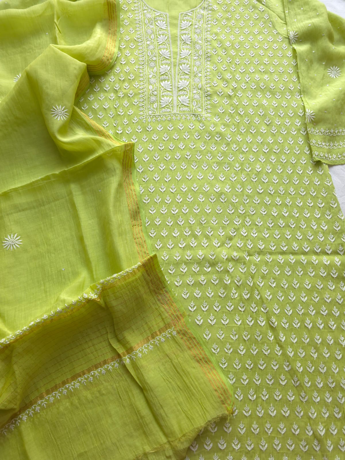 Lime green Mul chanderi Kurta and Dupatta with Chikankari embellishments